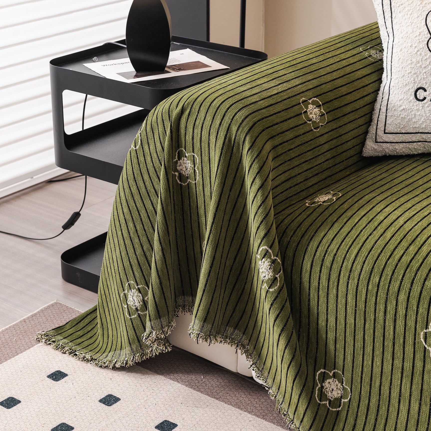 Chenille Camellia Floral Sofa Throw Cover Couch Blanket with Striped Jacquard - Ornate Home