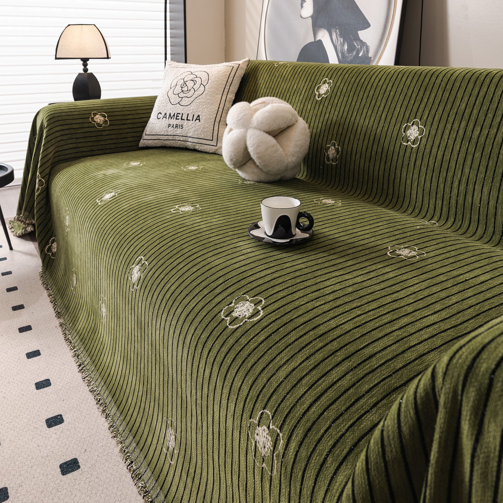 Chenille Camellia Floral Sofa Throw Cover Couch Blanket with Striped Jacquard - Ornate Home