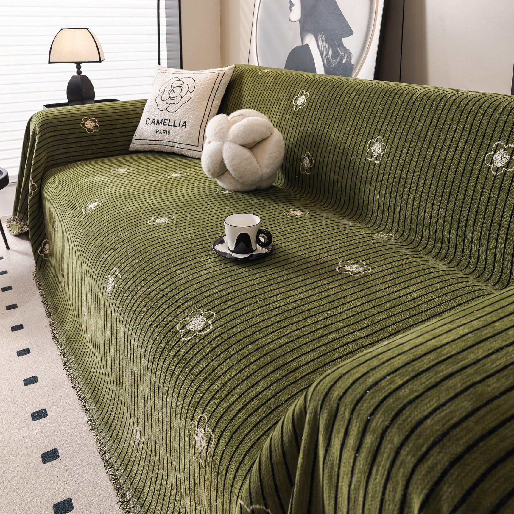 Chenille Camellia Floral Sofa Throw Cover Couch Blanket with Striped Jacquard - Ornate Home