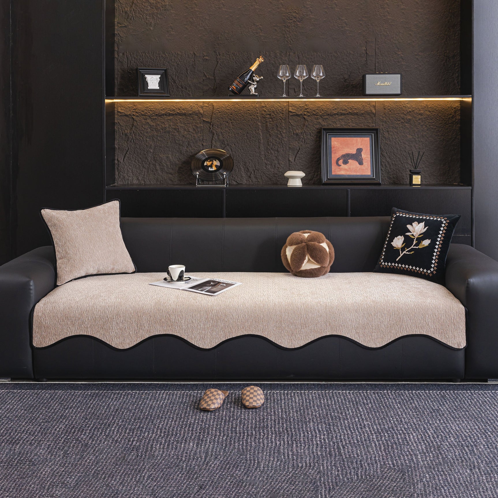 Chenille Couch Cover with Scalloped Edge, Non-Slip Modular Slipcover Sectional - Ornate Home
