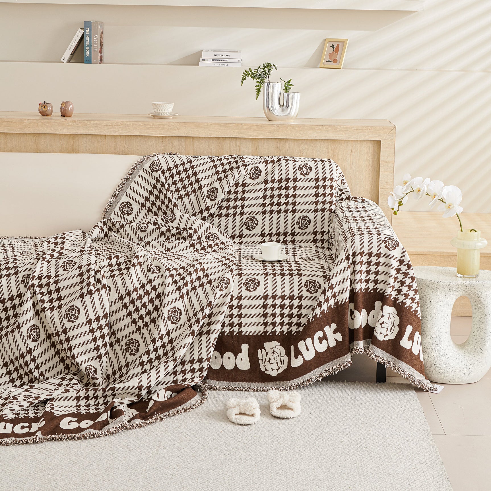 Chenille Houndstooth Sofa Throw Cover, Scratch Proof Cozy Throw Blankets for Couch - Ornate Home