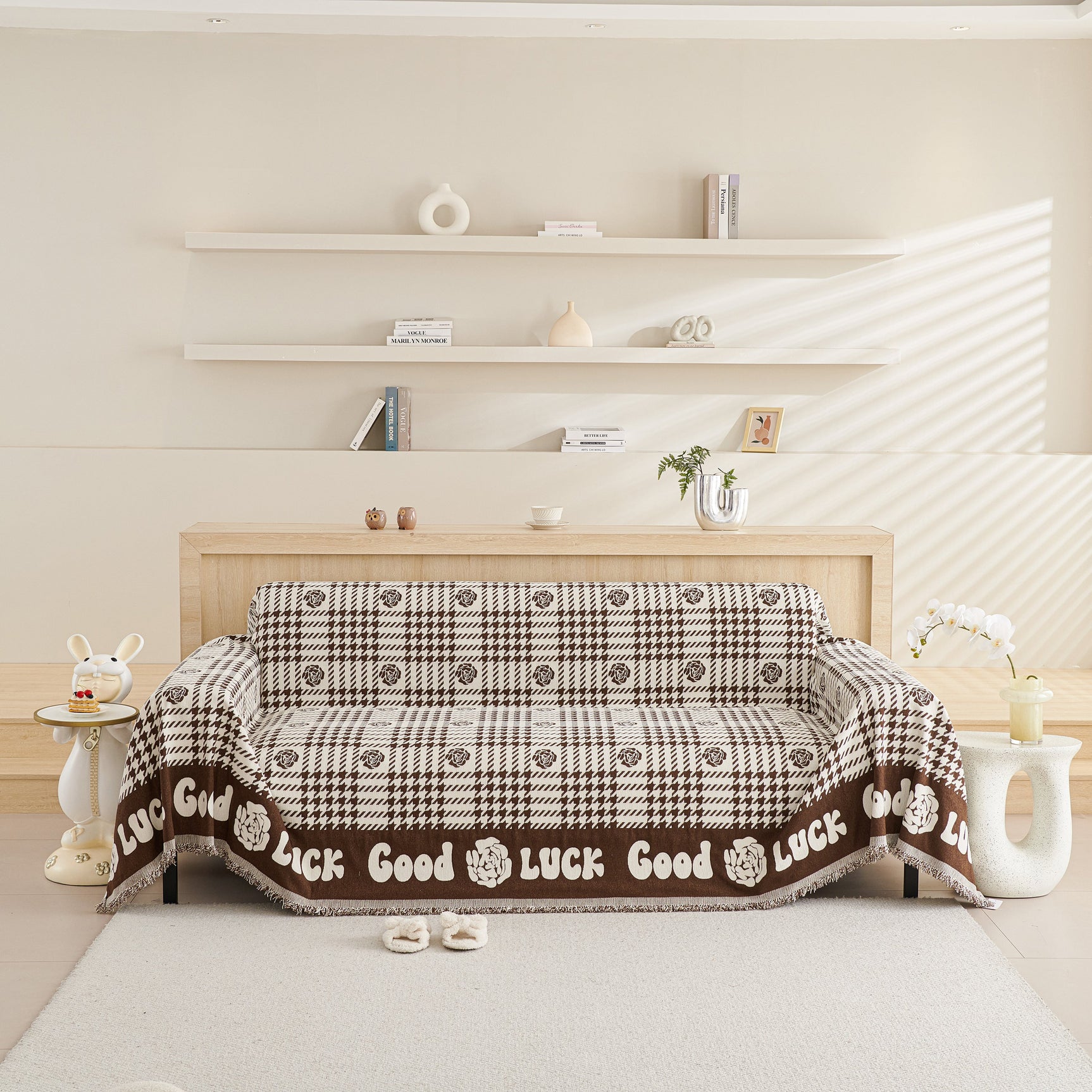 Chenille Houndstooth Sofa Throw Cover, Scratch Proof Cozy Throw Blankets for Couch - Ornate Home