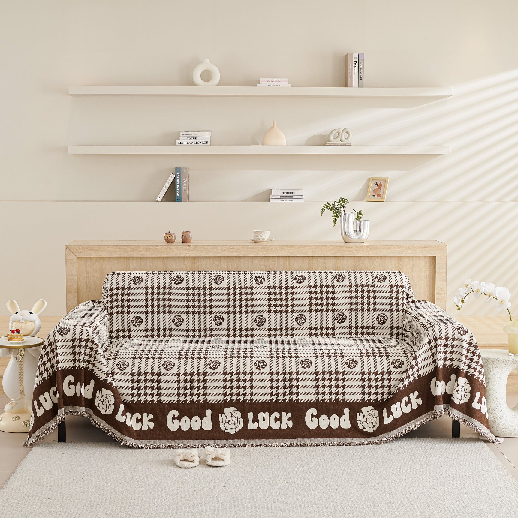 Chenille Houndstooth Sofa Throw Cover, Scratch Proof Cozy Throw Blankets for Couch - Ornate Home