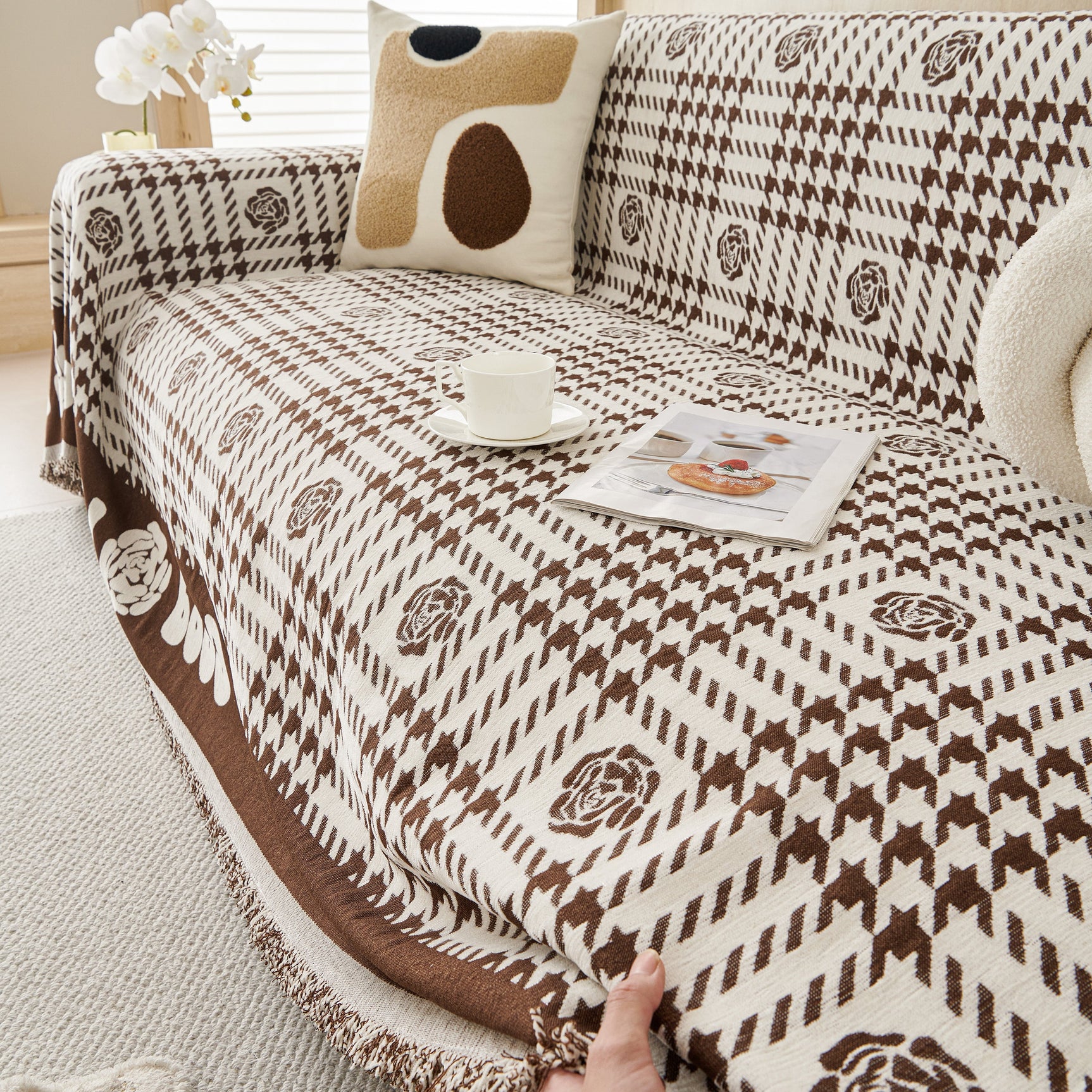Chenille Houndstooth Sofa Throw Cover, Scratch Proof Cozy Throw Blankets for Couch - Ornate Home