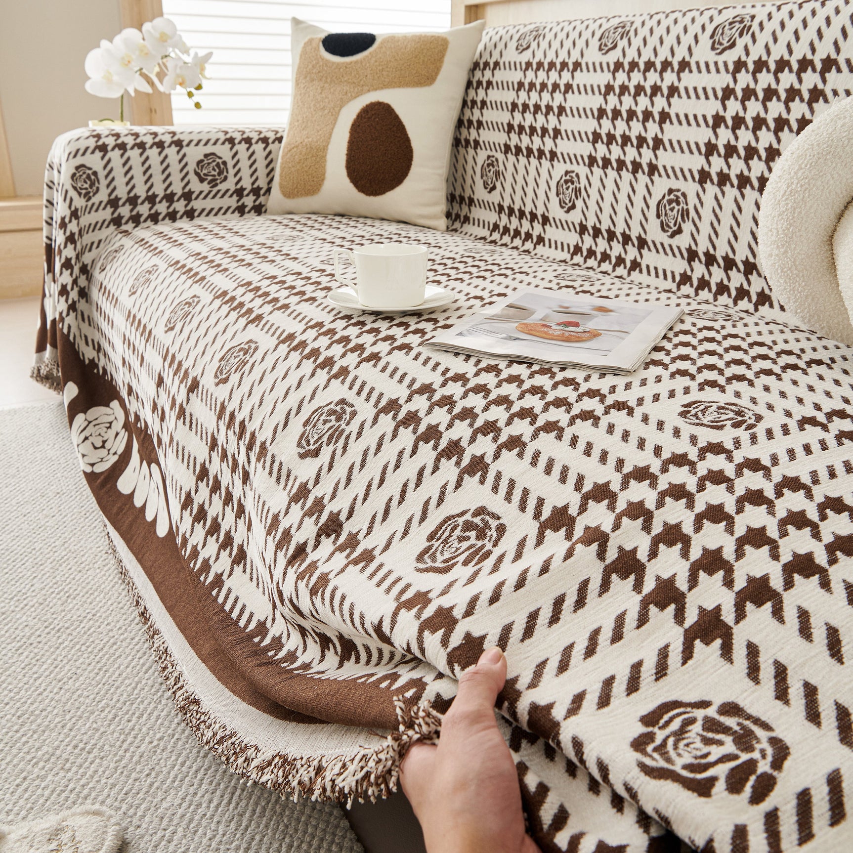 Chenille Houndstooth Sofa Throw Cover, Scratch Proof Cozy Throw Blankets for Couch - Ornate Home