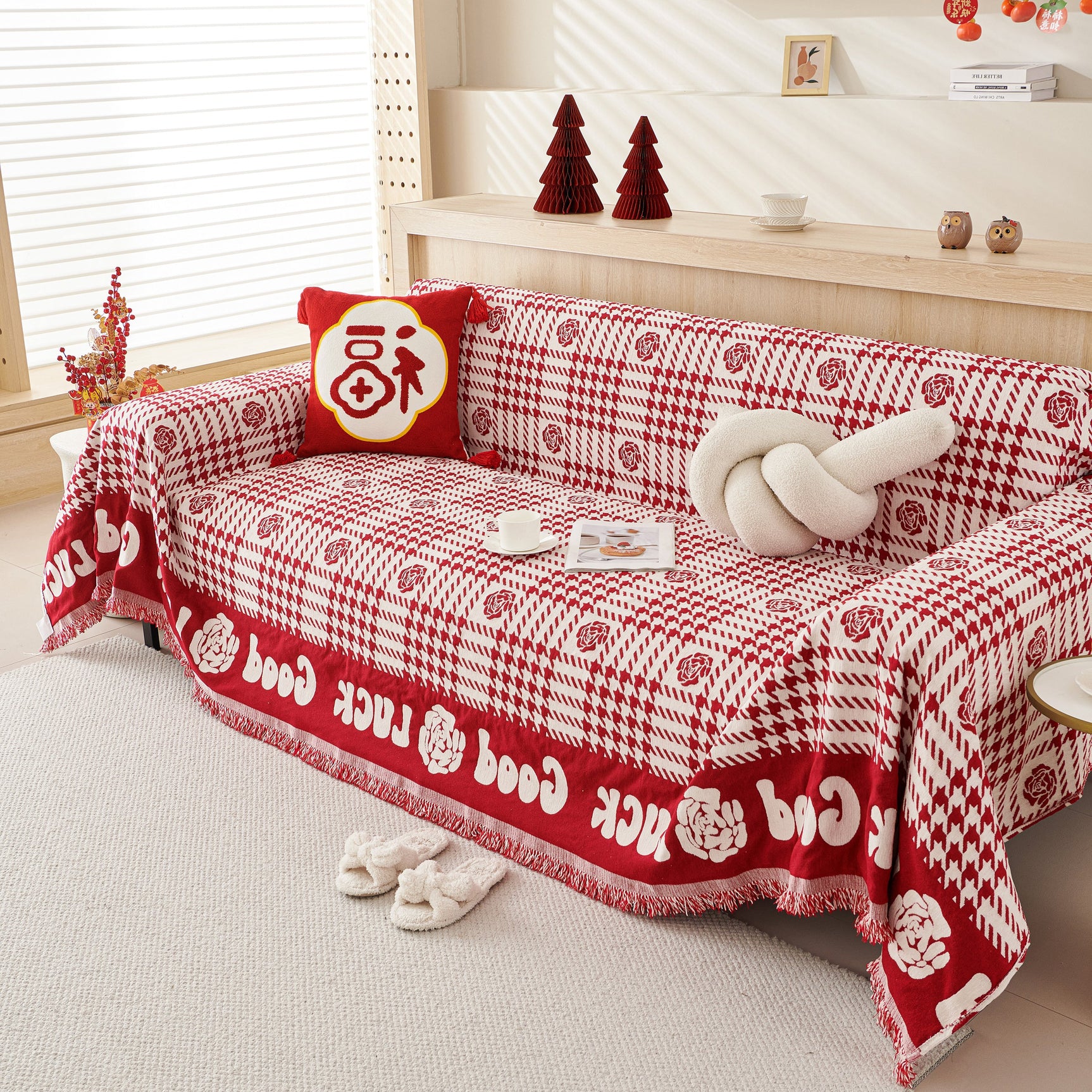 Chenille Houndstooth Sofa Throw Cover, Scratch Proof Cozy Throw Blankets for Couch - Ornate Home