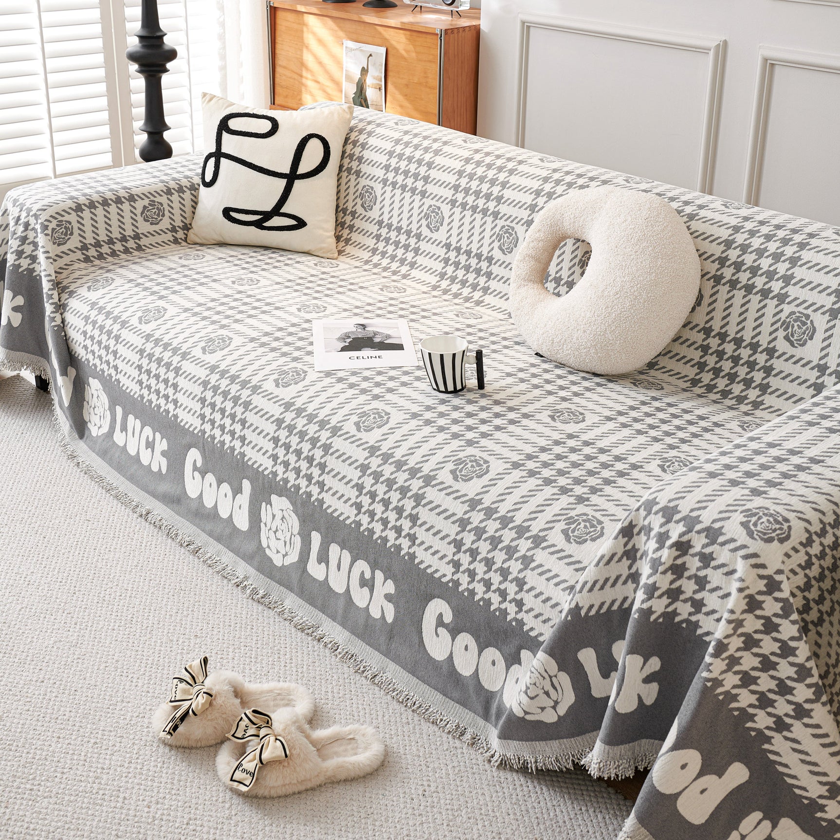 Chenille Houndstooth Sofa Throw Cover, Scratch Proof Cozy Throw Blankets for Couch - Ornate Home