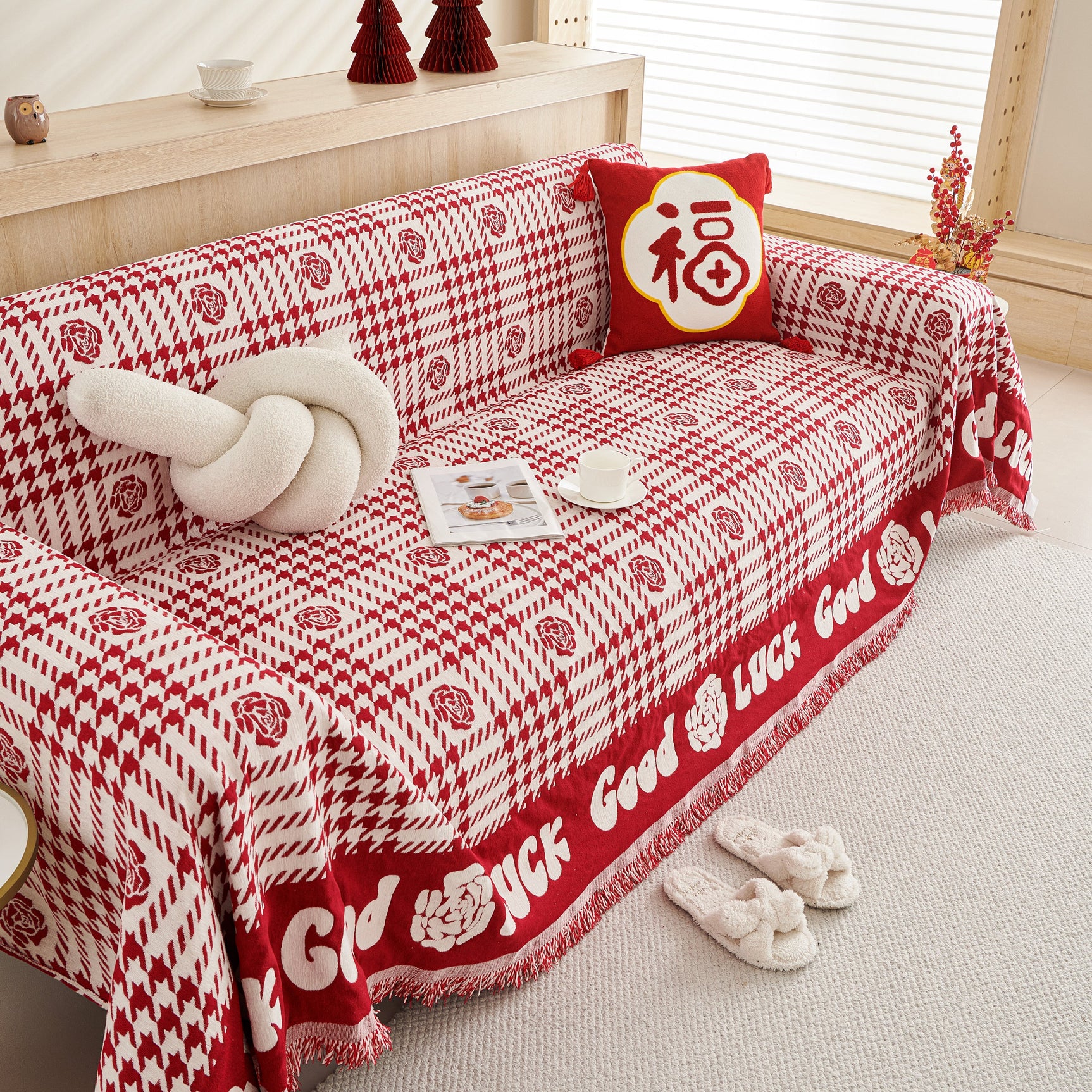 Chenille Houndstooth Sofa Throw Cover, Scratch Proof Cozy Throw Blankets for Couch - Ornate Home