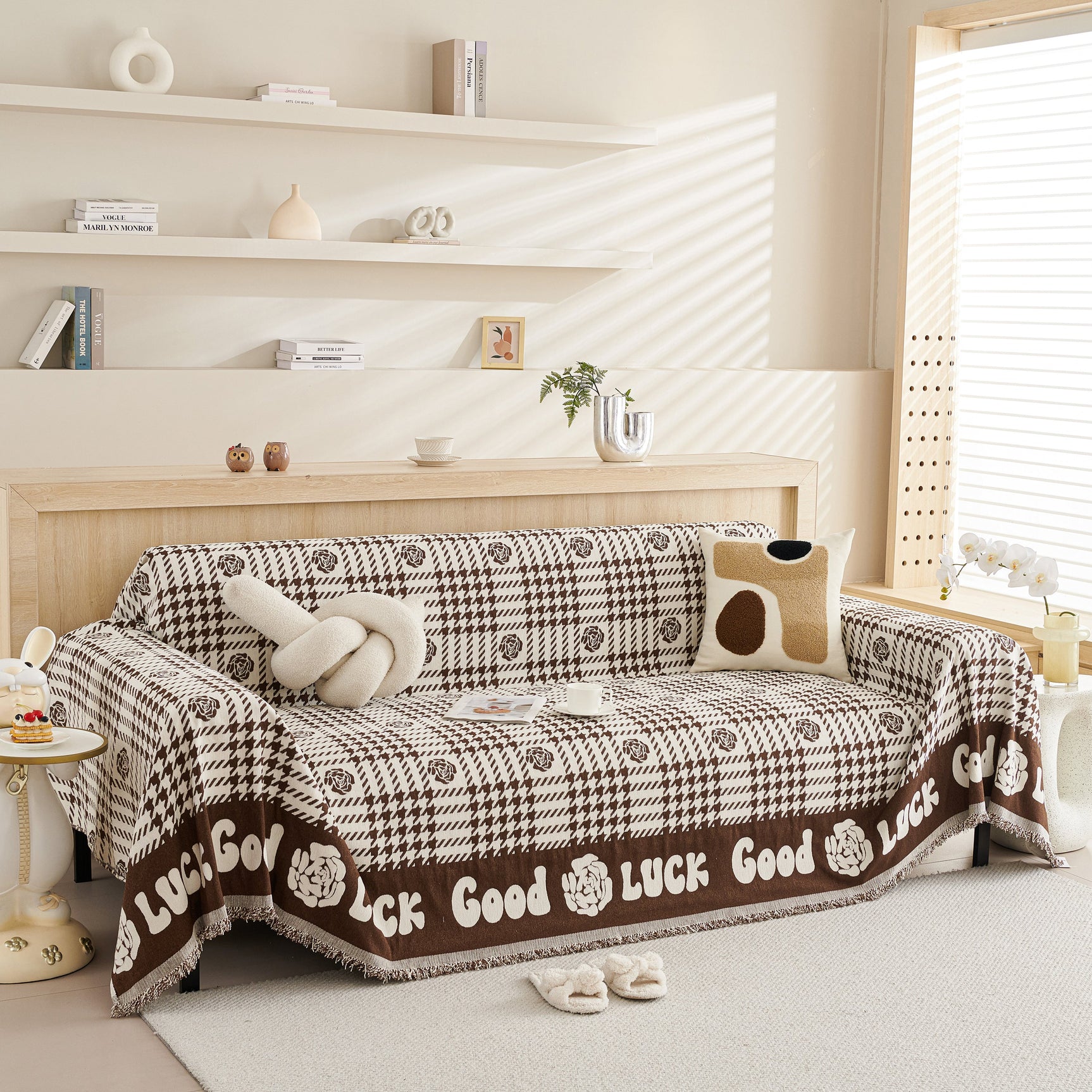 Chenille Houndstooth Sofa Throw Cover, Scratch Proof Cozy Throw Blankets for Couch - Ornate Home