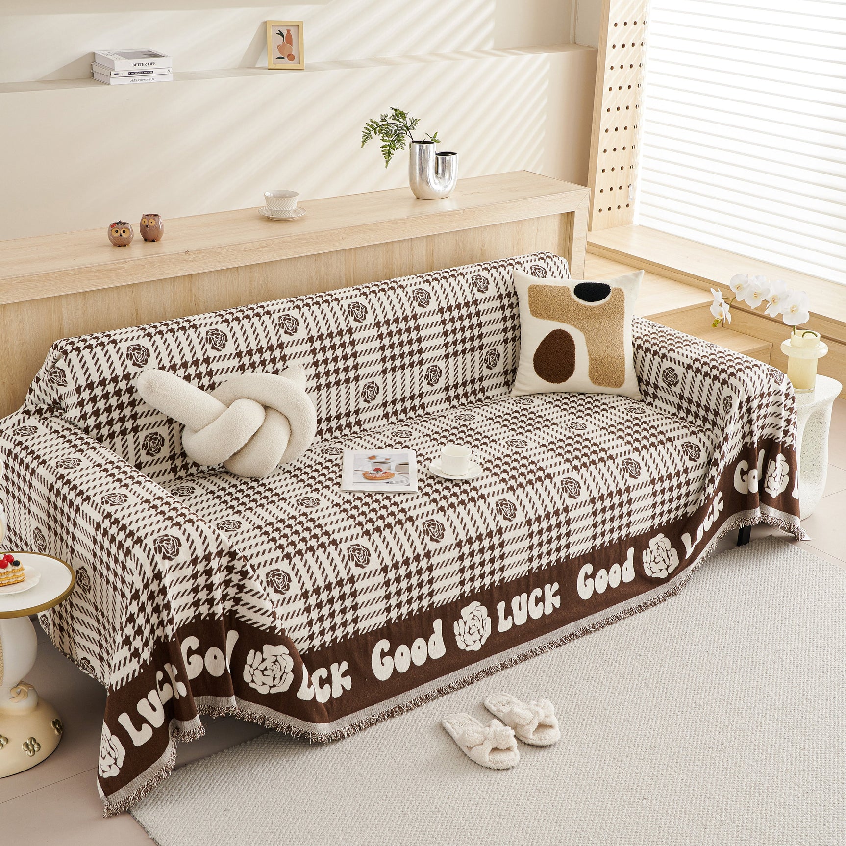 Chenille Houndstooth Sofa Throw Cover, Scratch Proof Cozy Throw Blankets for Couch - Ornate Home