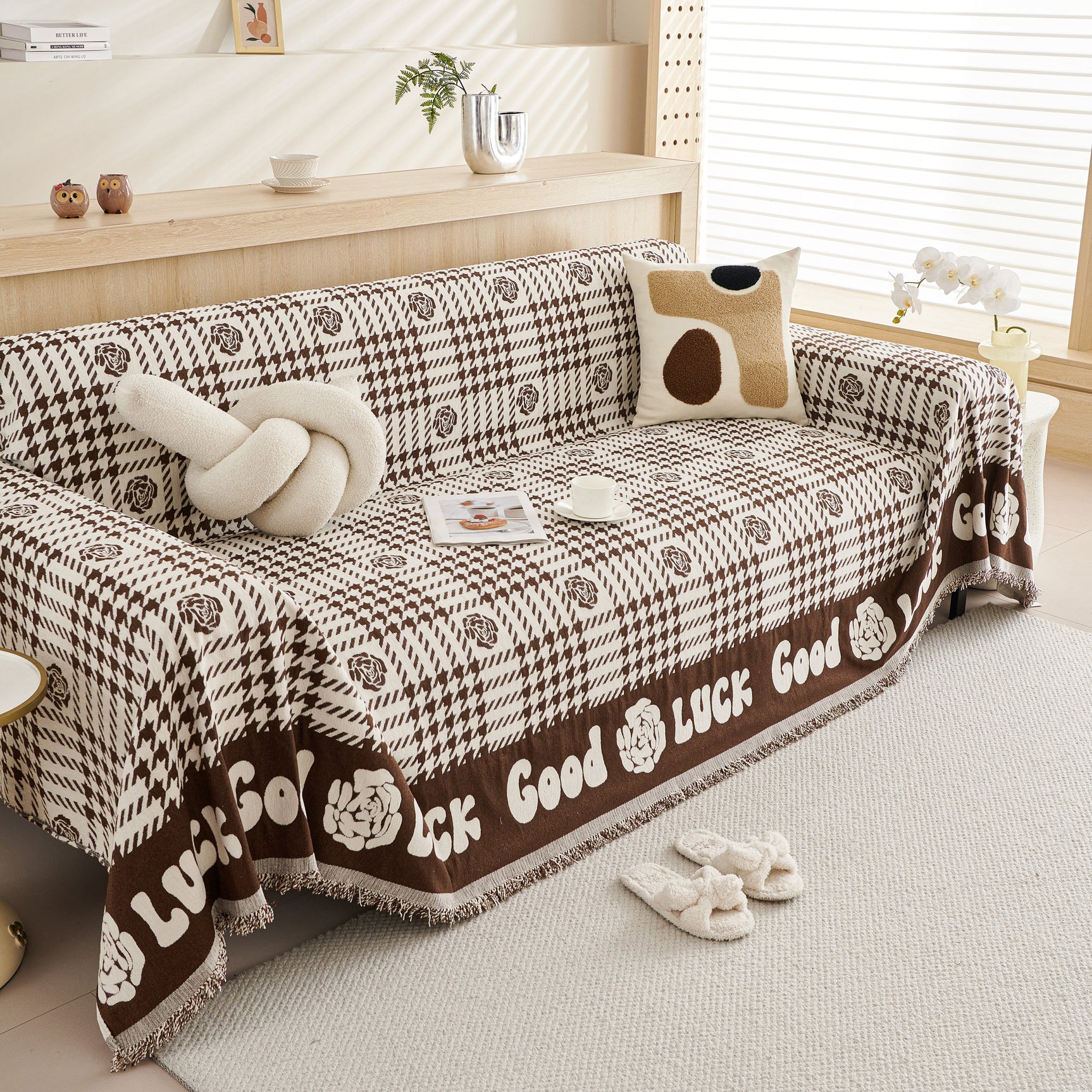 Chenille Houndstooth Sofa Throw Cover, Scratch Proof Cozy Throw Blankets for Couch - Ornate Home