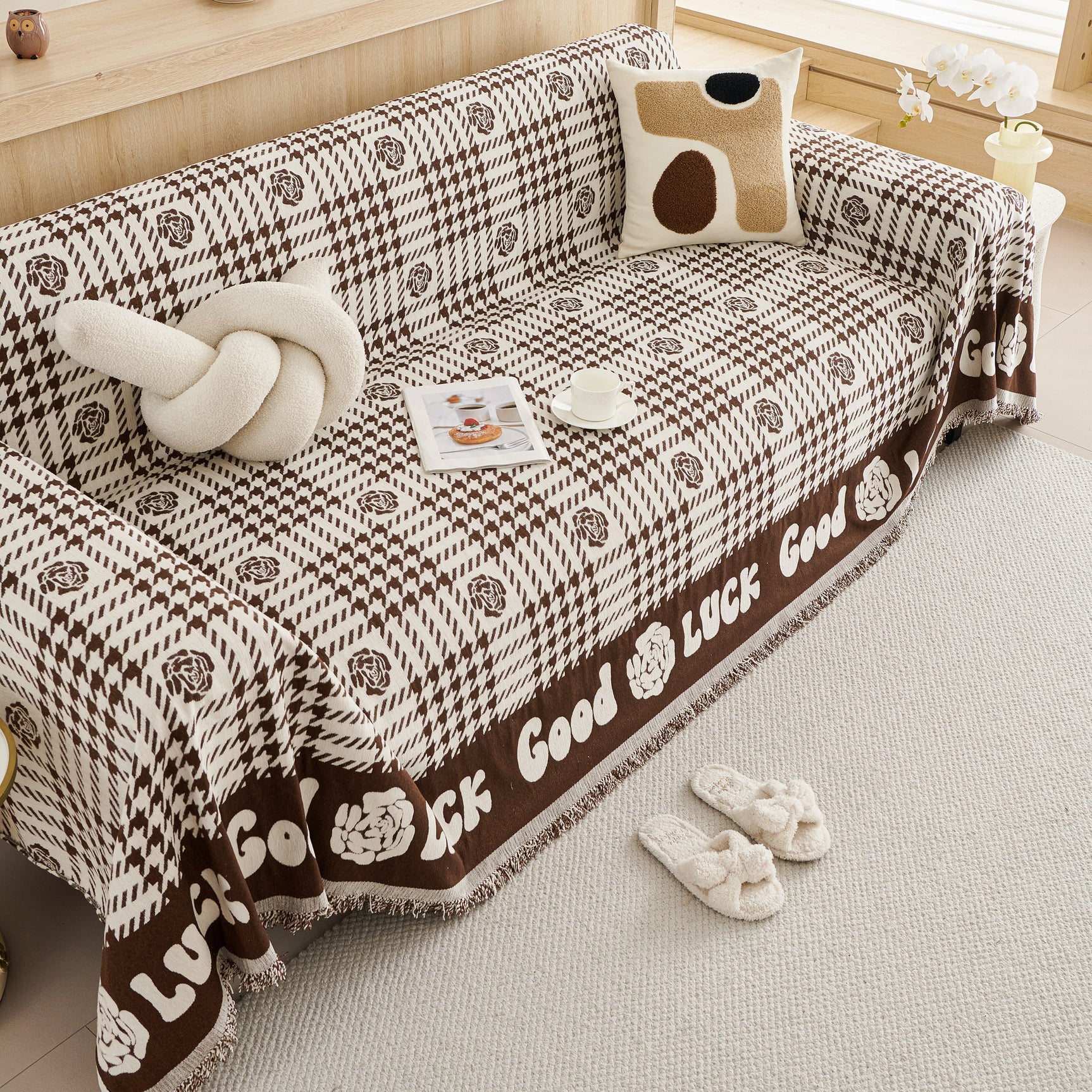 Chenille Houndstooth Sofa Throw Cover, Scratch Proof Cozy Throw Blankets for Couch - Ornate Home