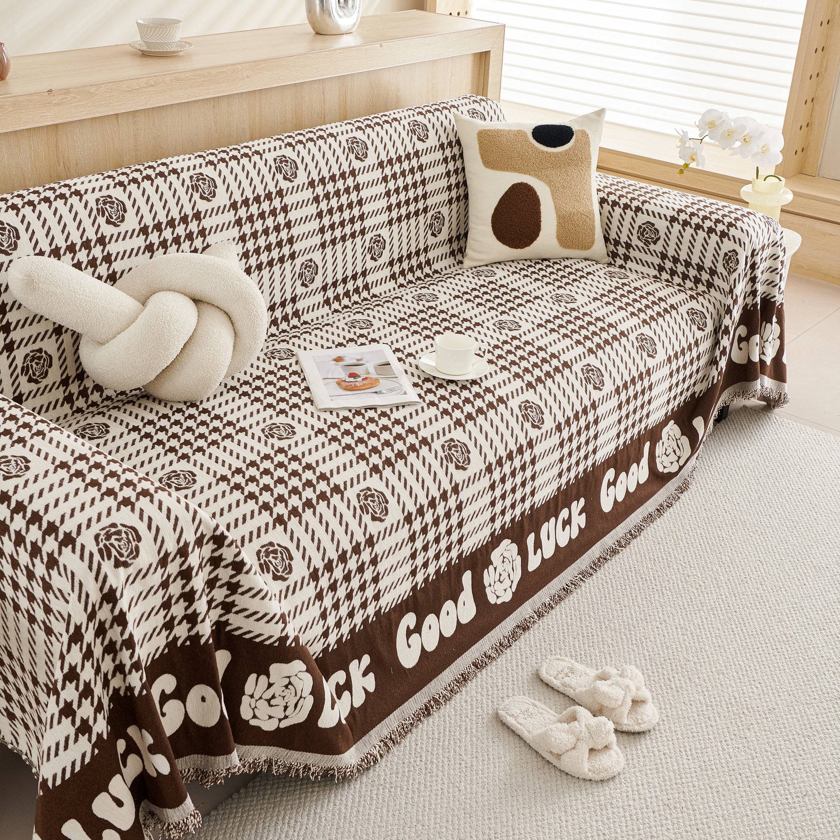 Chenille Houndstooth Sofa Throw Cover, Scratch Proof Cozy Throw Blankets for Couch - Ornate Home