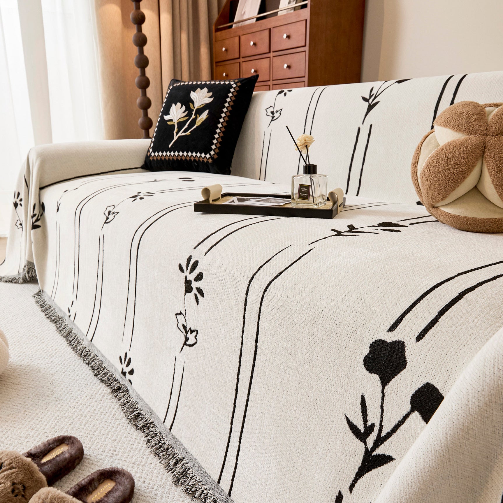 Chenille Jacquard Sofa Throw Cover with Tassel Soft Thick Couch Protector Blanket - Ornate Home