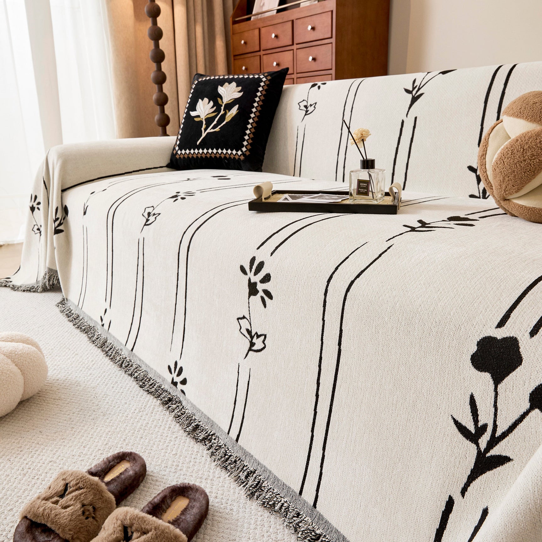 Chenille Jacquard Sofa Throw Cover with Tassel Soft Thick Couch Protector Blanket - Ornate Home