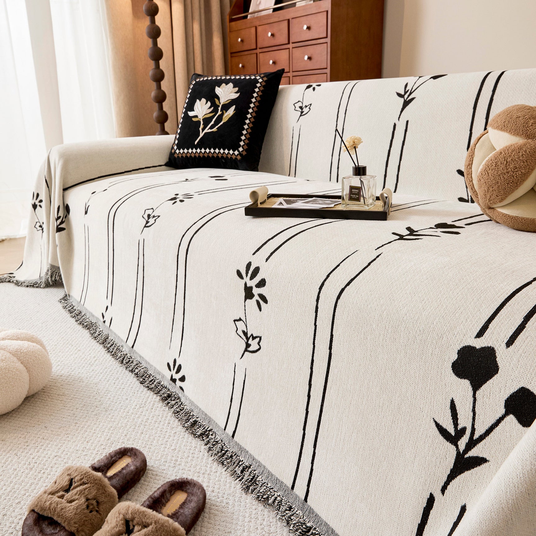 Chenille Jacquard Sofa Throw Cover with Tassel Soft Thick Couch Protector Blanket - Ornate Home