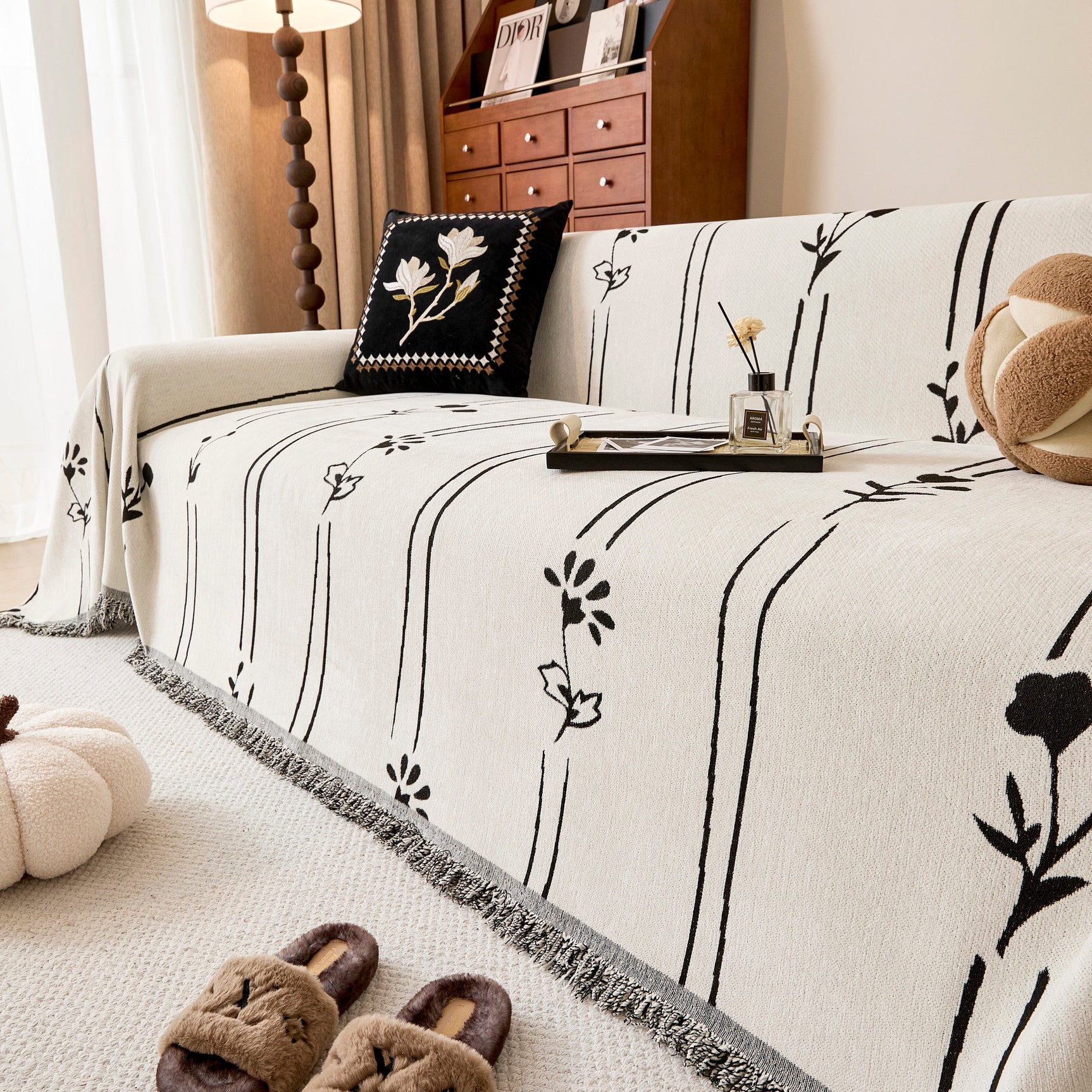 Chenille Jacquard Sofa Throw Cover with Tassel Soft Thick Couch Protector Blanket - Ornate Home