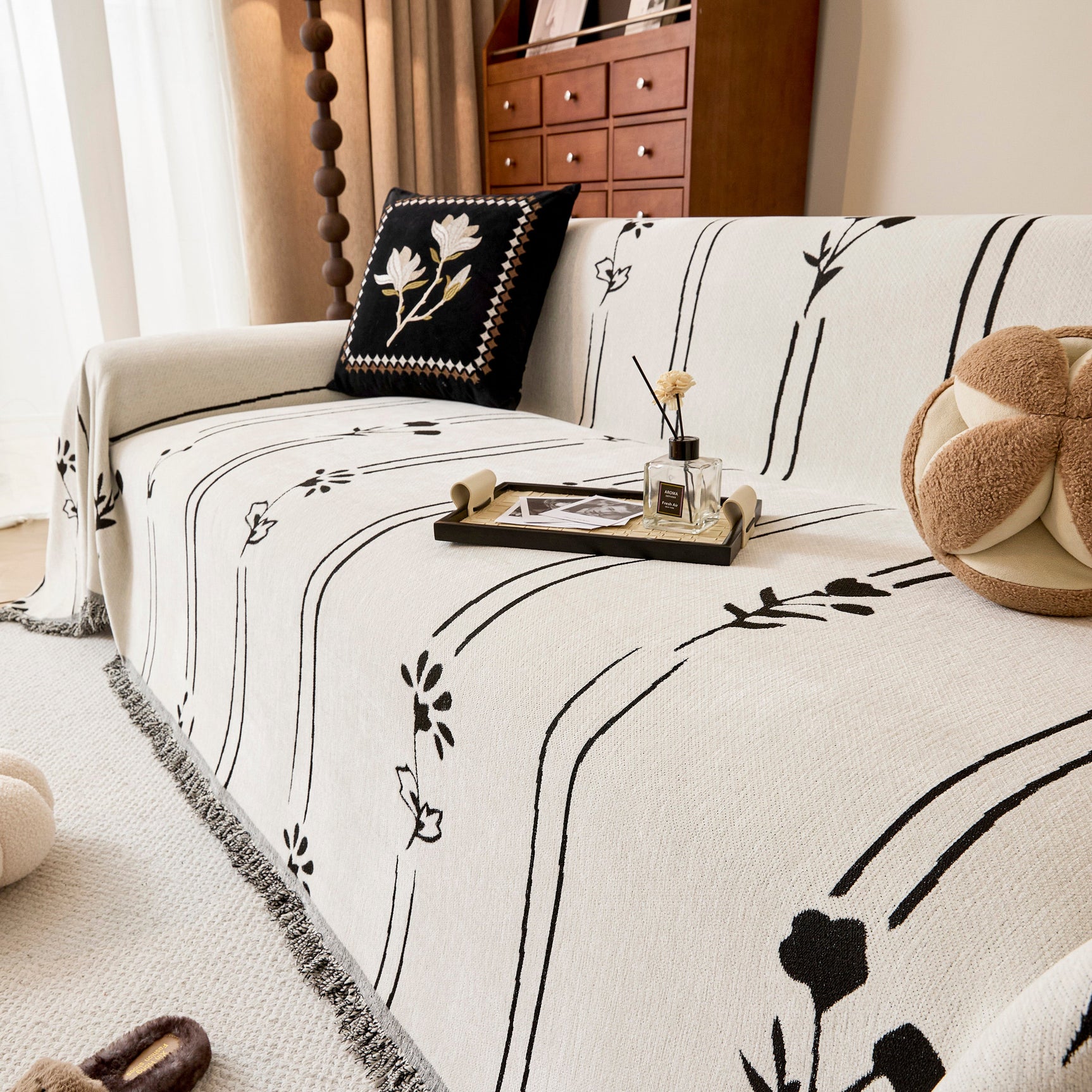 Chenille Jacquard Sofa Throw Cover with Tassel Soft Thick Couch Protector Blanket - Ornate Home