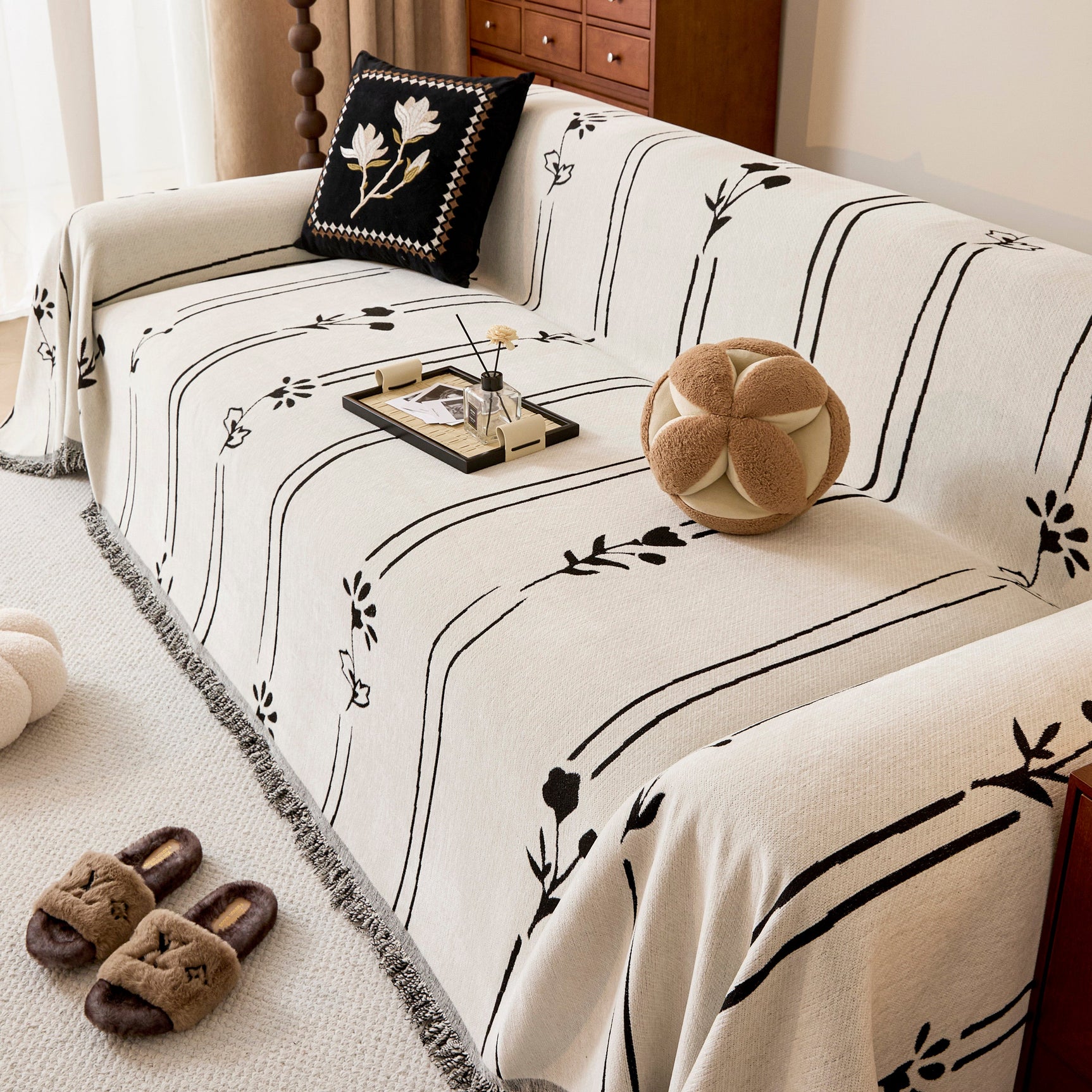 Chenille Jacquard Sofa Throw Cover with Tassel Soft Thick Couch Protector Blanket - Ornate Home
