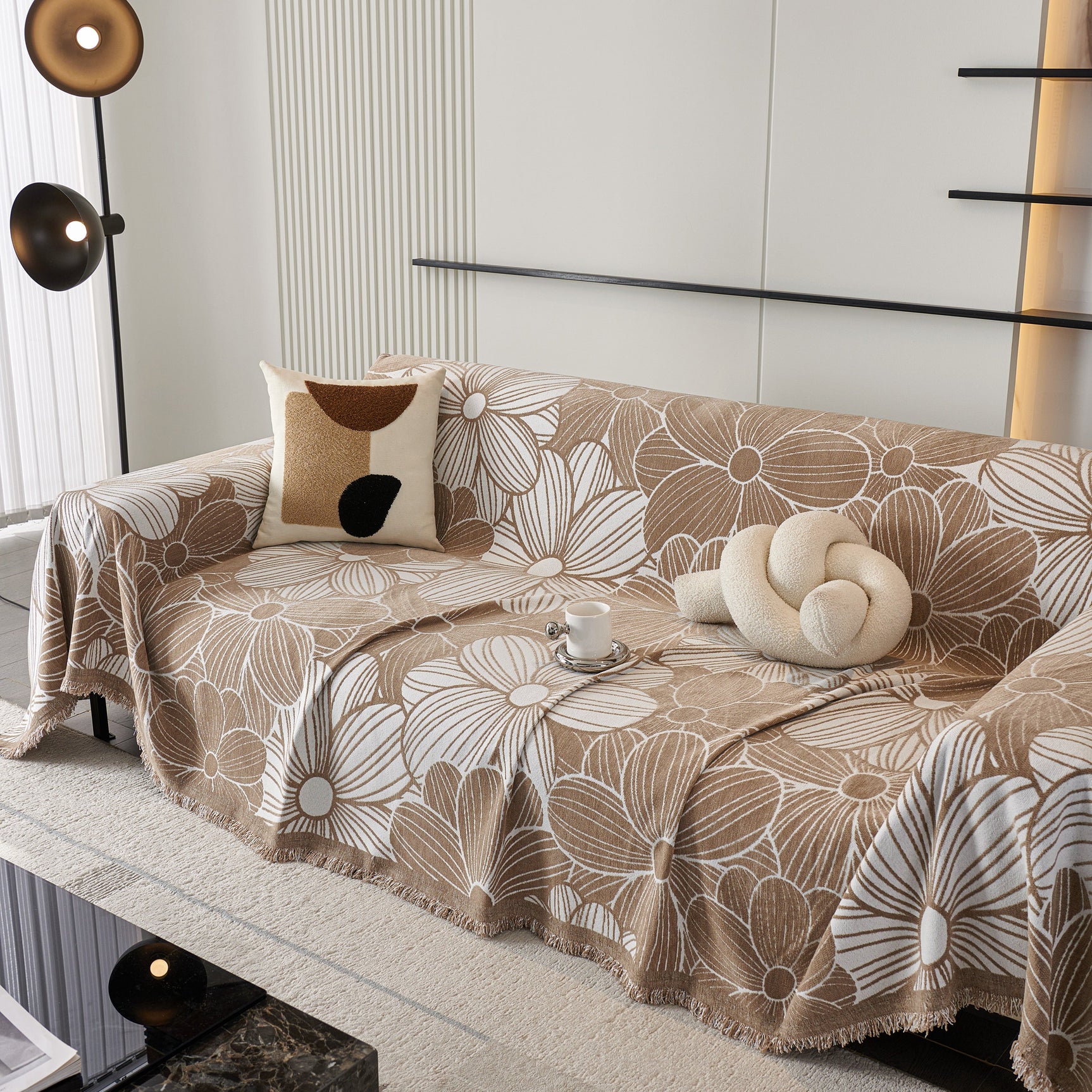 Chenille Jacquard Sofa Throw Cover with Tassels, All-Season Furniture Protector for Home and Office - Ornate Home