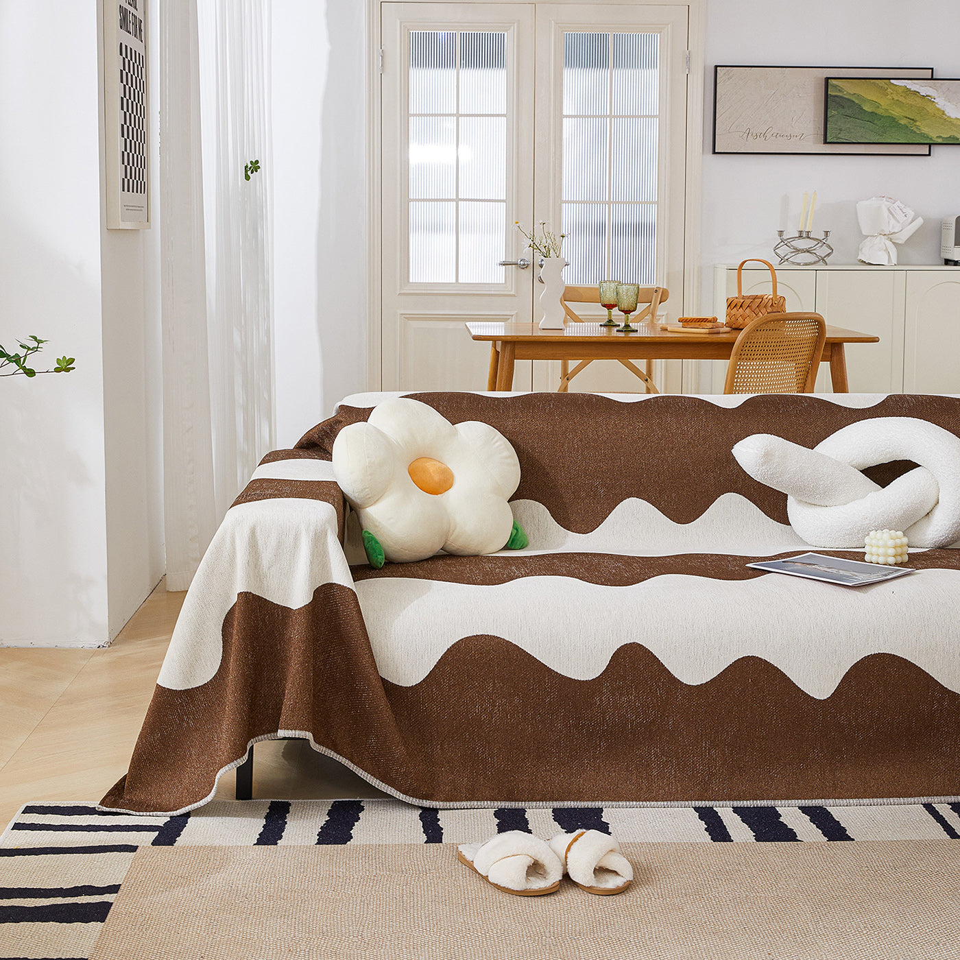 Chenille Minimalist Wavy Sofa Throw Cover, Cozy Blankets for Couch, Machine Washable Couch Protector - Ornate Home