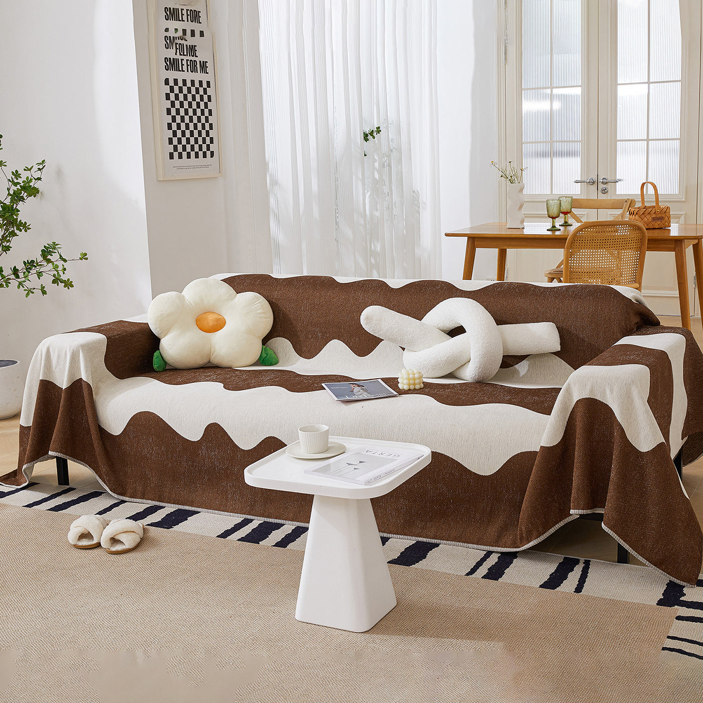 Chenille Minimalist Wavy Sofa Throw Cover, Cozy Blankets for Couch, Machine Washable Couch Protector - Ornate Home