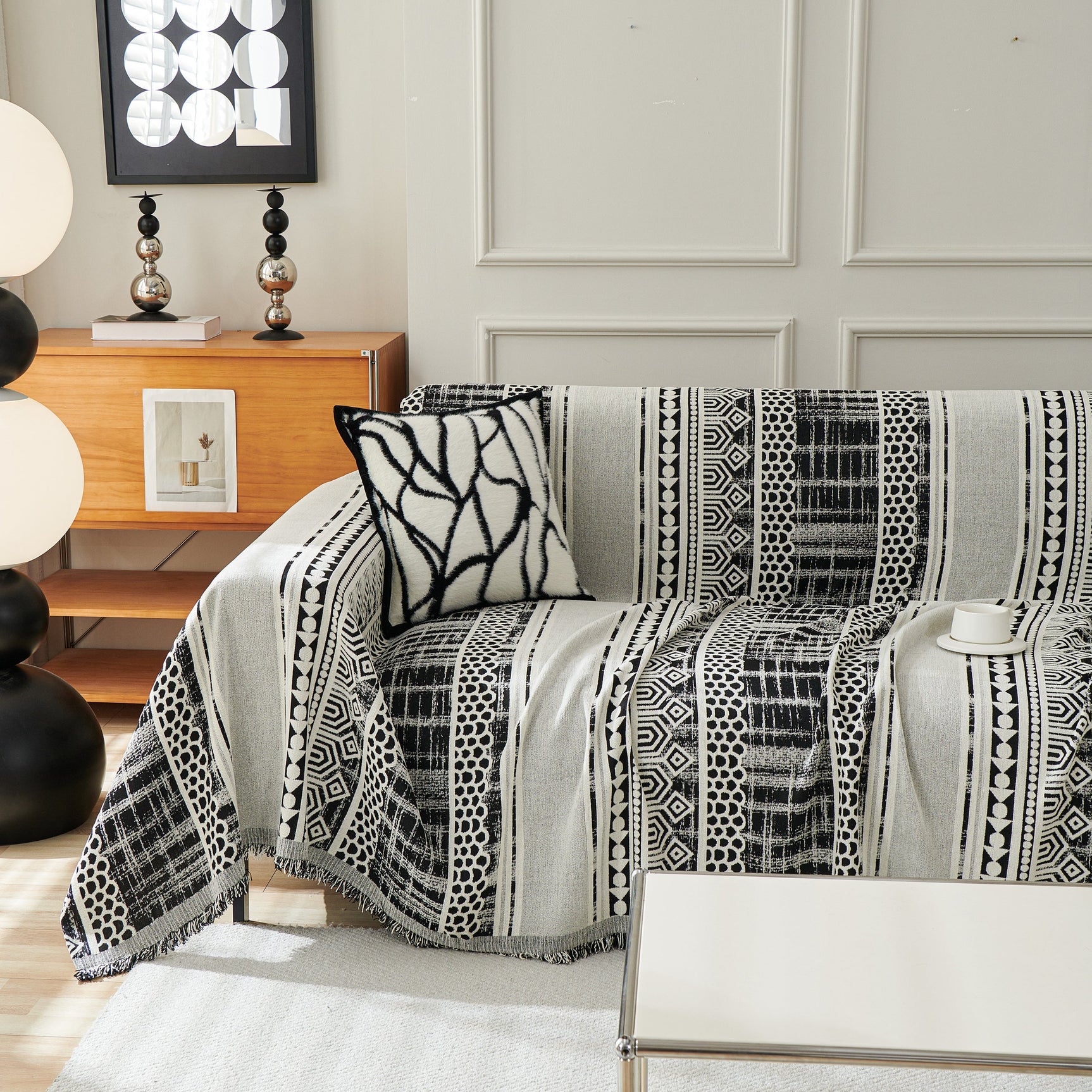 Chenille Sofa Cover Throw Blanket, Boho Geometric Scratch Proof Couch Protector - Ornate Home
