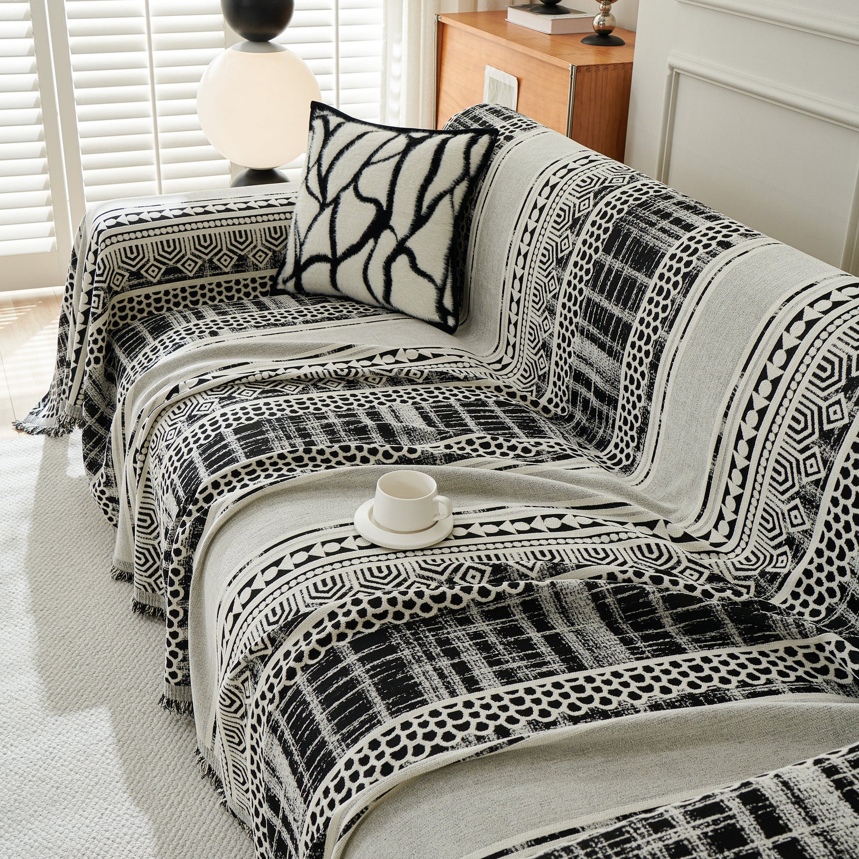 Chenille Sofa Cover Throw Blanket, Boho Geometric Scratch Proof Couch Protector - Ornate Home