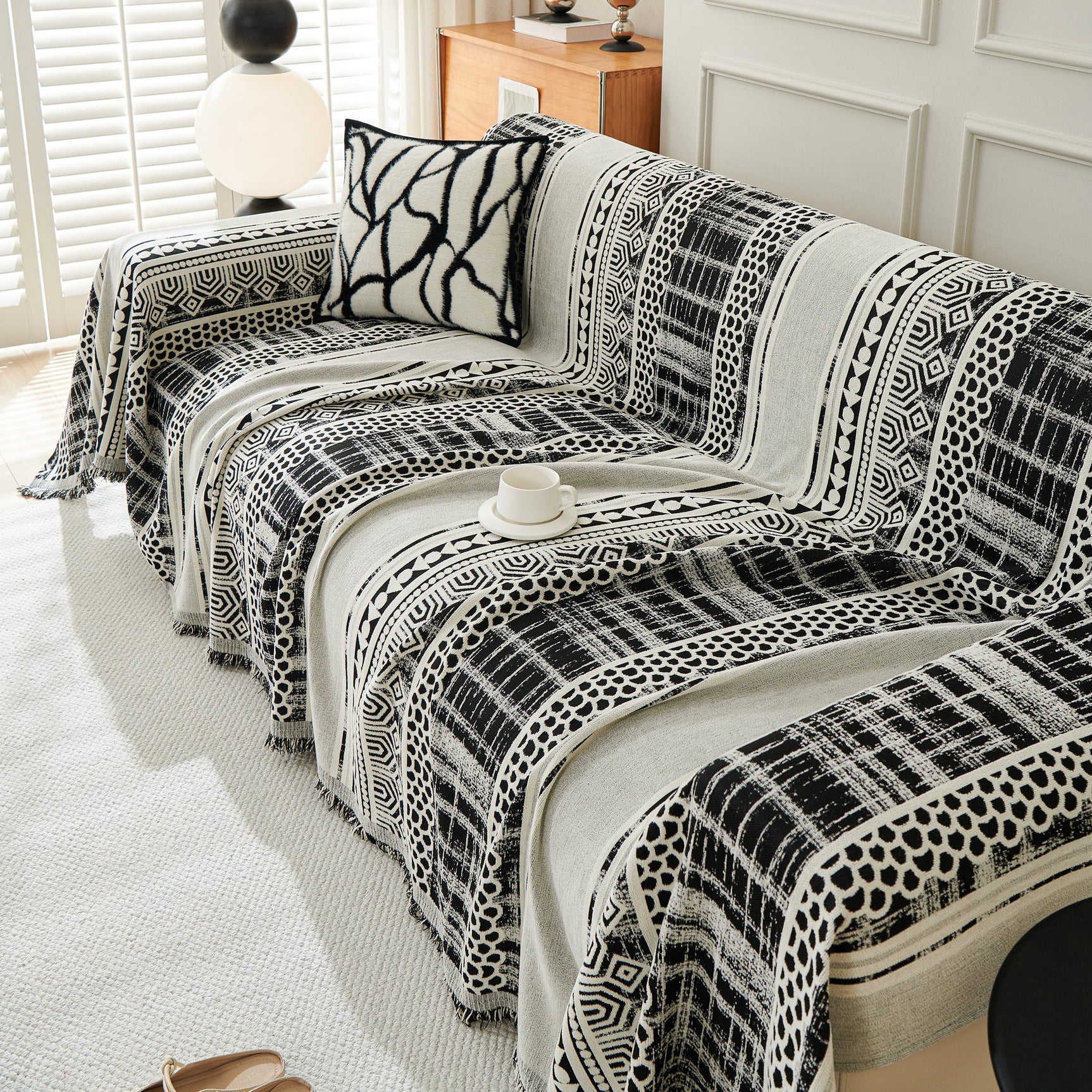 Chenille Sofa Cover Throw Blanket, Boho Geometric Scratch Proof Couch Protector - Ornate Home