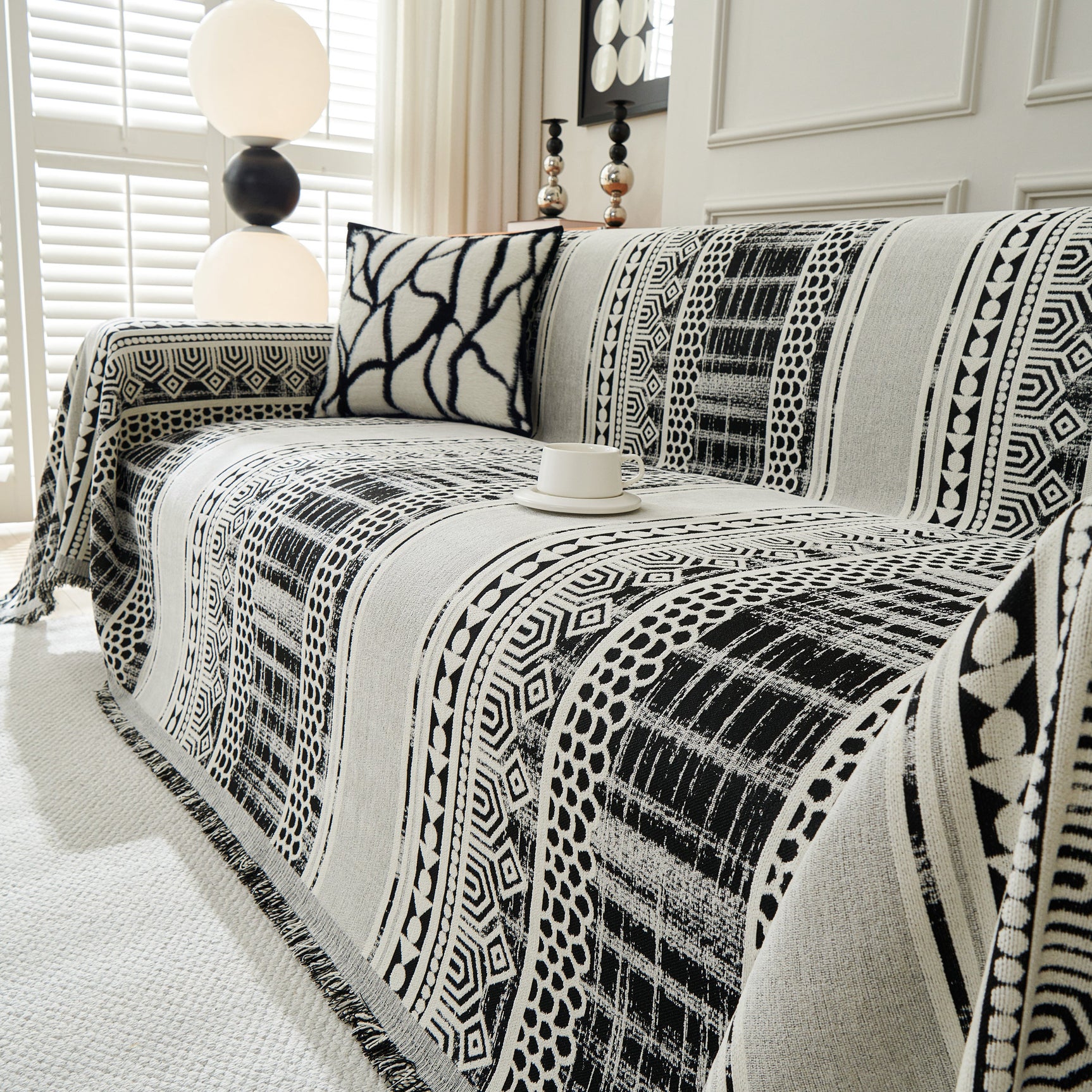 Chenille Sofa Cover Throw Blanket, Boho Geometric Scratch Proof Couch Protector - Ornate Home