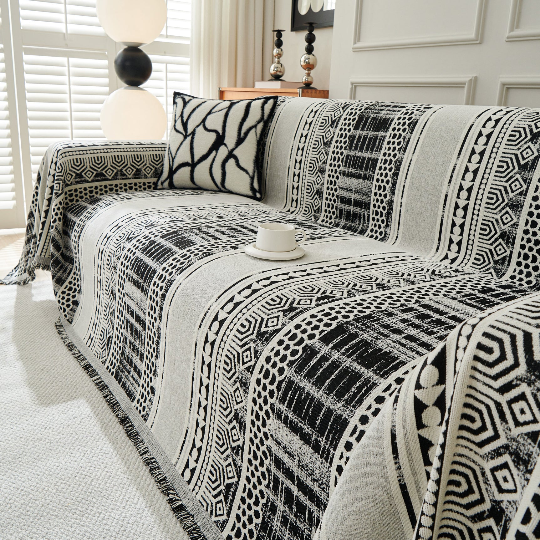 Chenille Sofa Cover Throw Blanket, Boho Geometric Scratch Proof Couch Protector - Ornate Home
