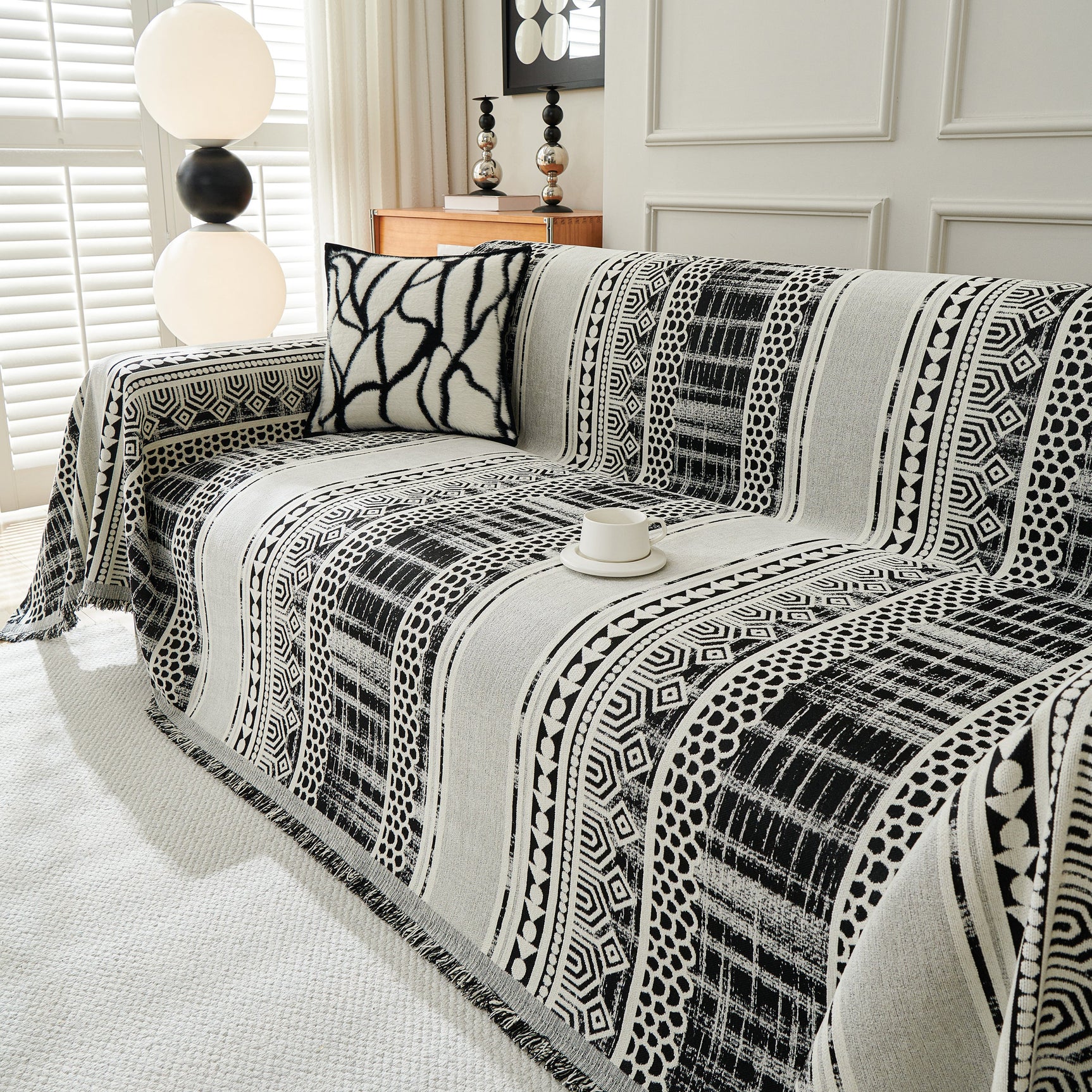 Chenille Sofa Cover Throw Blanket, Boho Geometric Scratch Proof Couch Protector - Ornate Home
