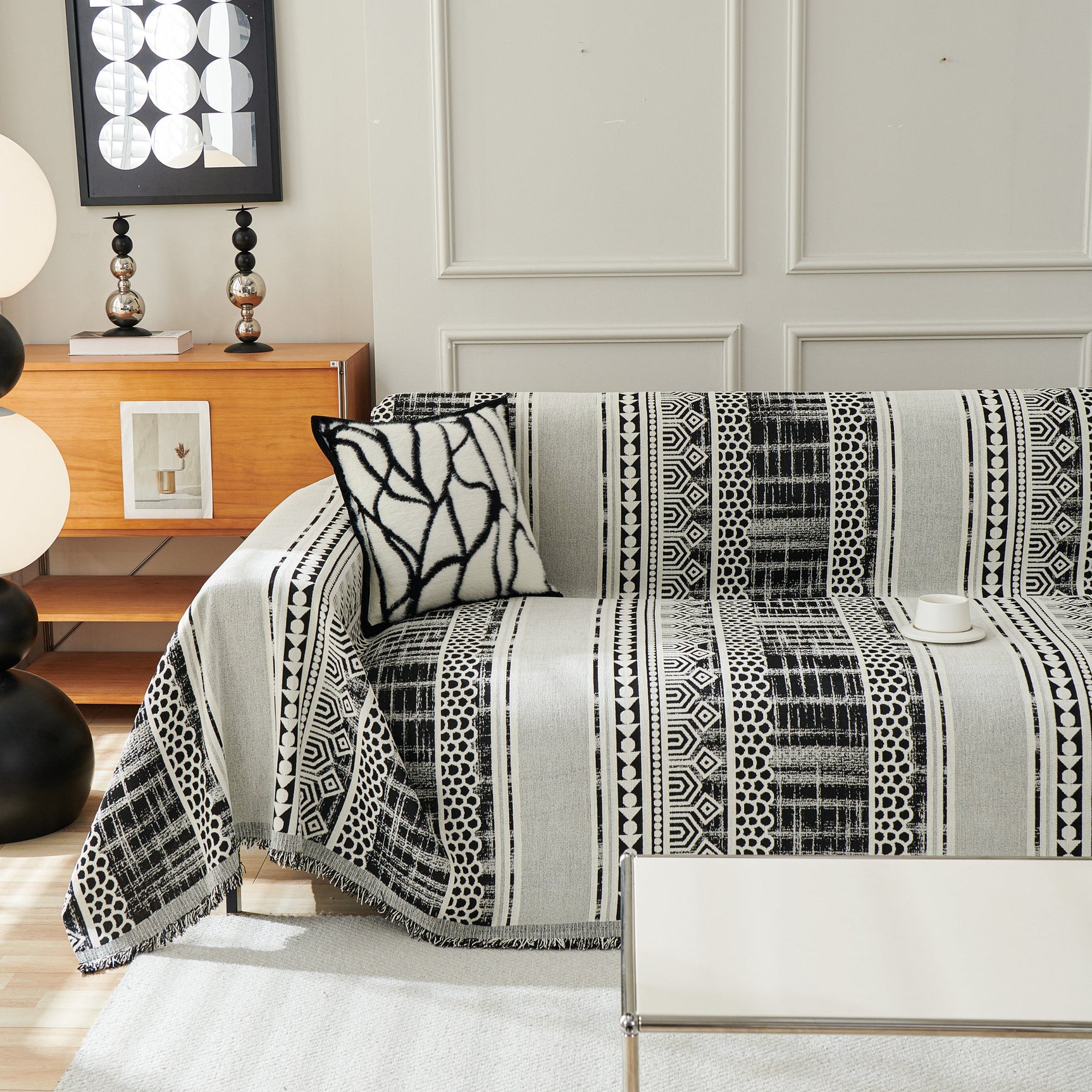 Chenille Sofa Cover Throw Blanket, Boho Geometric Scratch Proof Couch Protector - Ornate Home