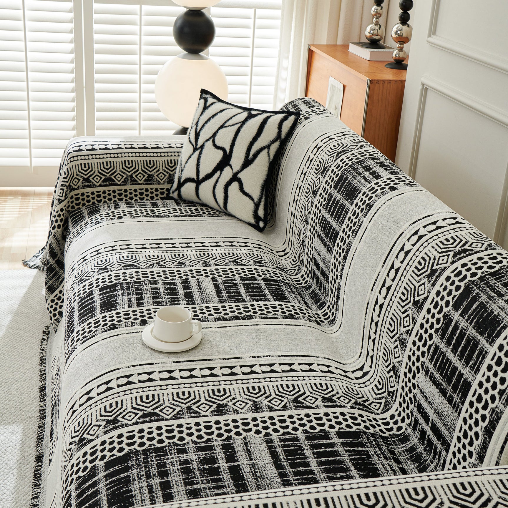 Chenille Sofa Cover Throw Blanket, Boho Geometric Scratch Proof Couch Protector - Ornate Home