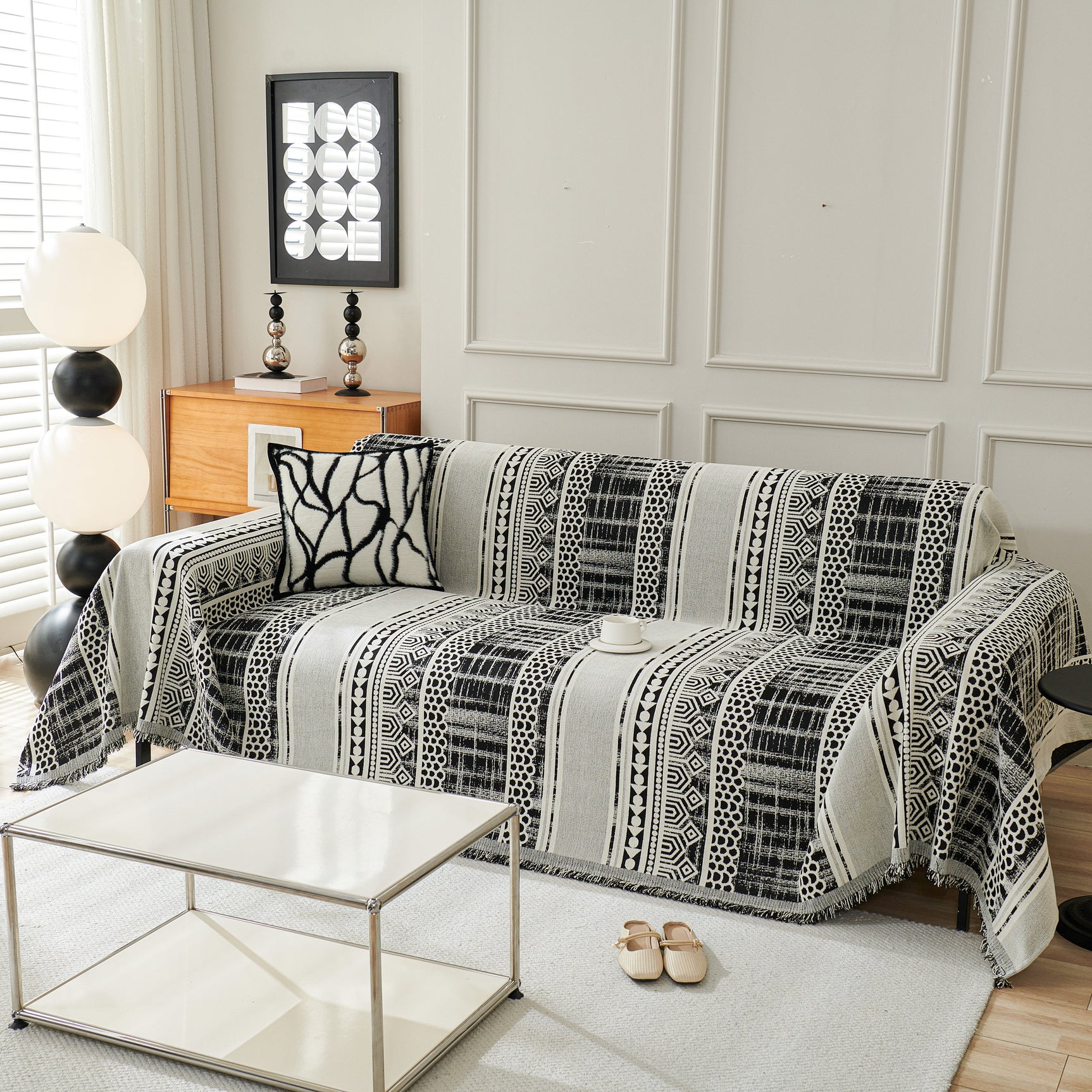 Chenille Sofa Cover Throw Blanket, Boho Geometric Scratch Proof Couch Protector - Ornate Home