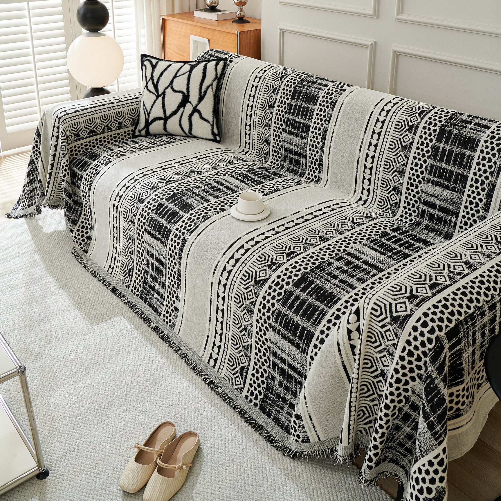 Chenille Sofa Cover Throw Blanket, Boho Geometric Scratch Proof Couch Protector - Ornate Home
