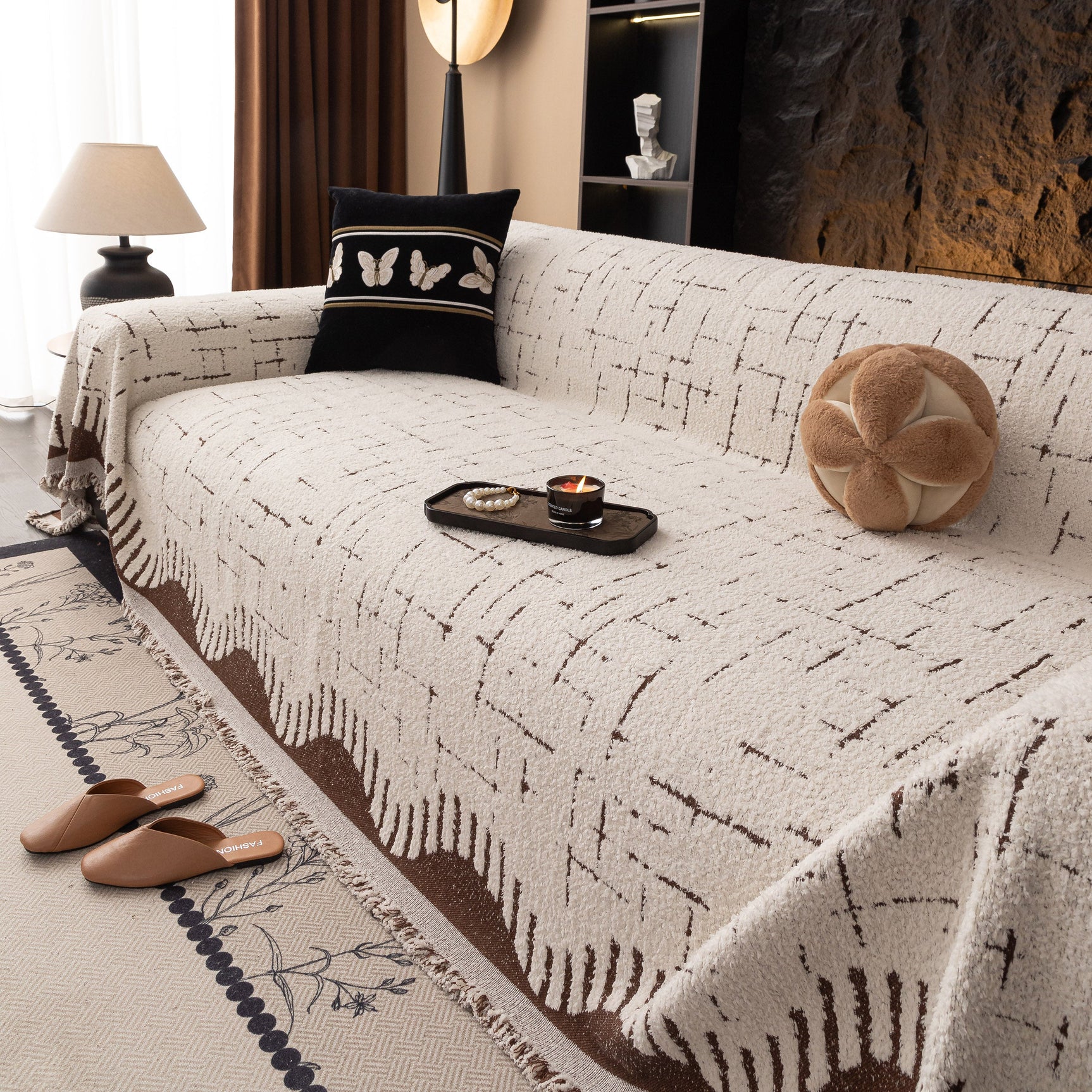 Chenille Sofa Cover Throw Blanket Woven Textured Decorative Furniture Slipcover - Ornate Home