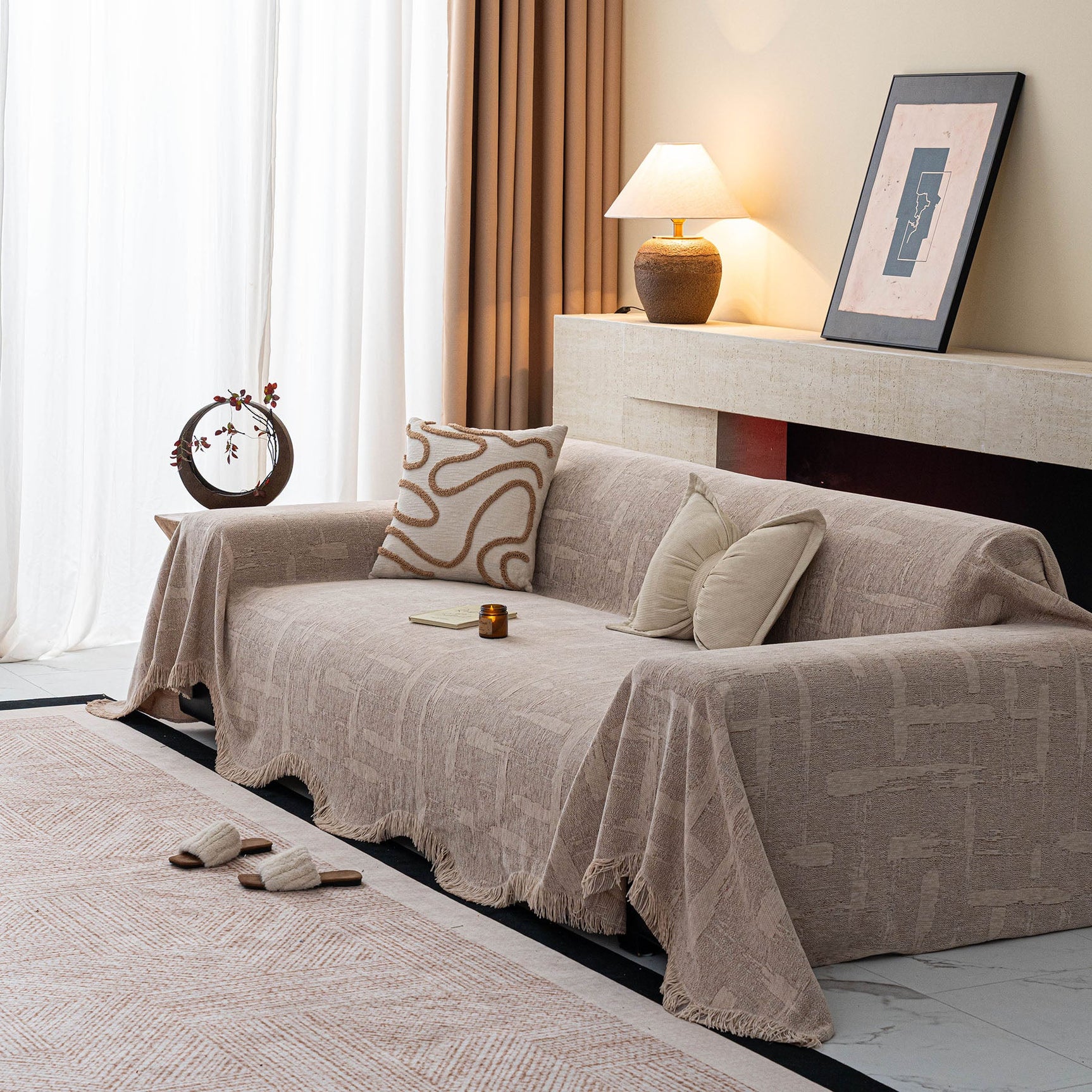 Chenille Sofa Cover Throw Blanket, Woven Textured Minimalist Wabi-Sabi Couch Cover - Ornate Home
