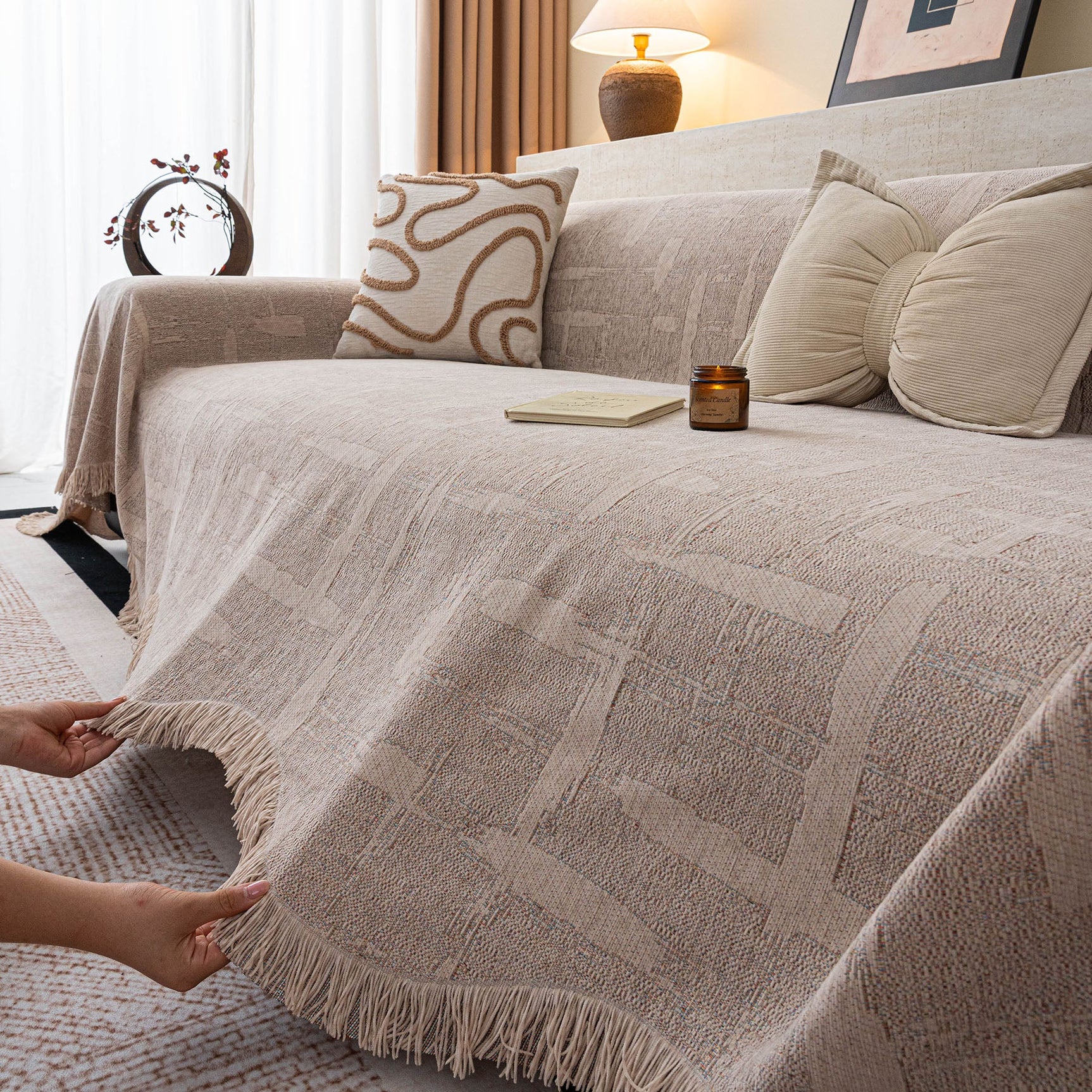 Chenille Sofa Cover Throw Blanket, Woven Textured Minimalist Wabi-Sabi Couch Cover - Ornate Home