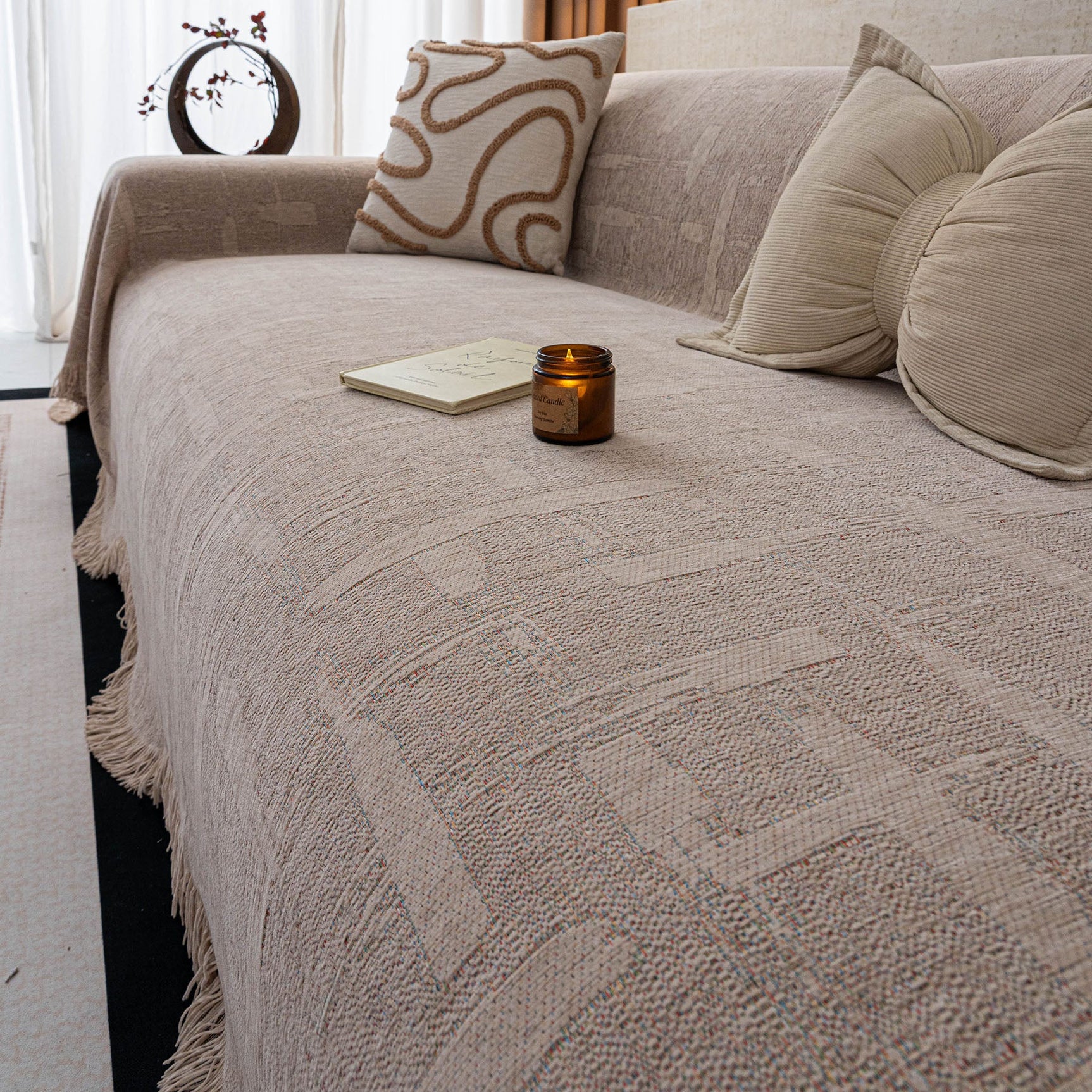 Chenille Sofa Cover Throw Blanket, Woven Textured Minimalist Wabi-Sabi Couch Cover - Ornate Home