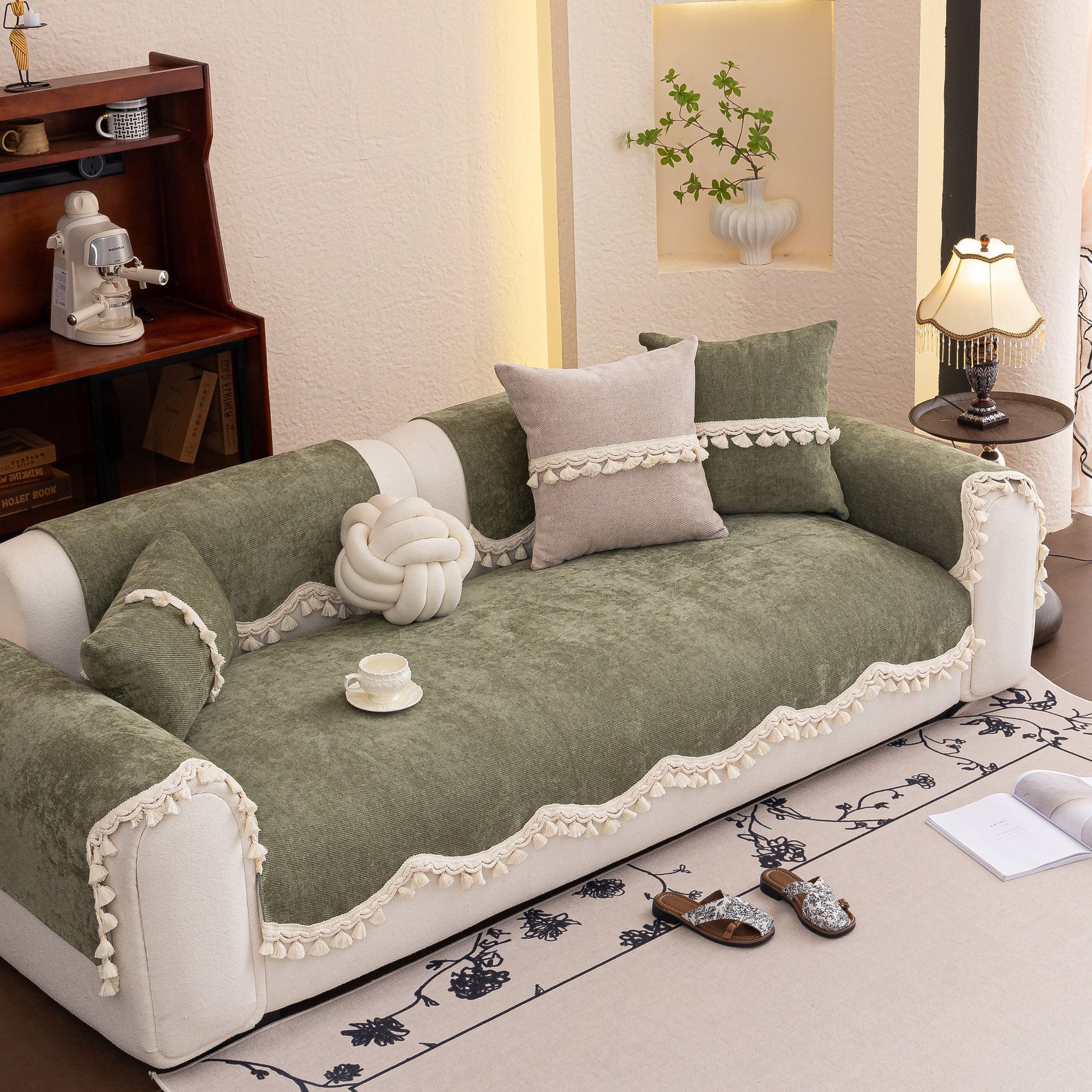 Chenille Sofa Cover Towel – Non-Slip, Washable Pets Couch Protector with Tassels - Ornate Home