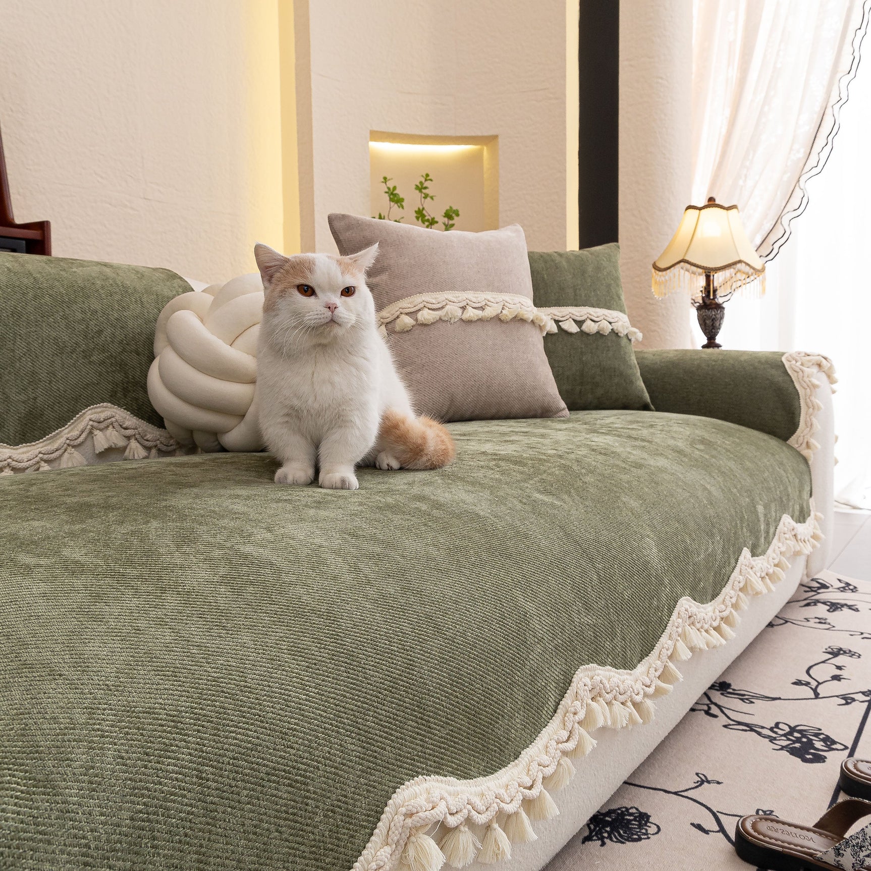 Chenille Sofa Cover Towel – Non-Slip, Washable Pets Couch Protector with Tassels - Ornate Home