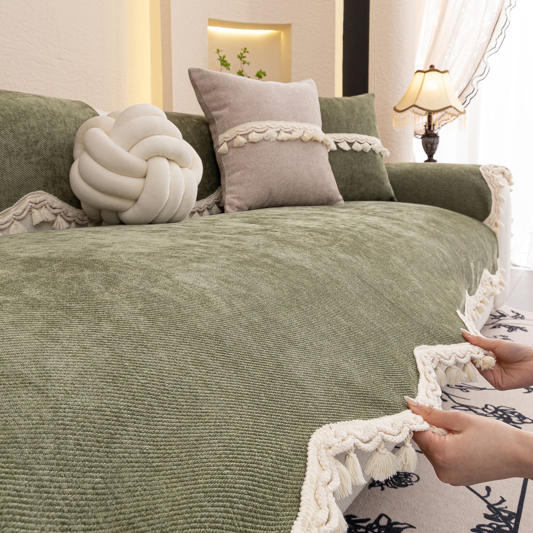 Chenille Sofa Cover Towel – Non-Slip, Washable Pets Couch Protector with Tassels - Ornate Home