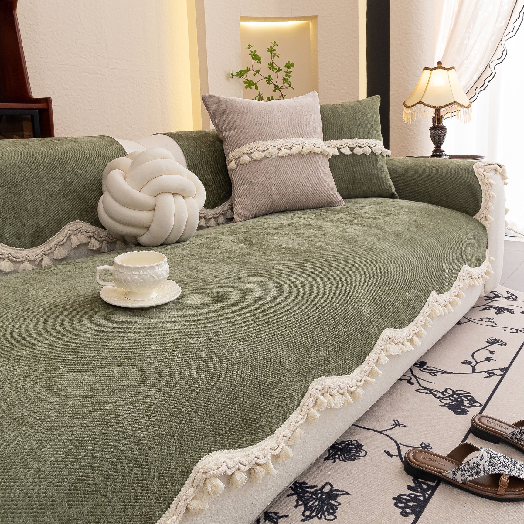 Chenille Sofa Cover Towel – Non-Slip, Washable Pets Couch Protector with Tassels - Ornate Home