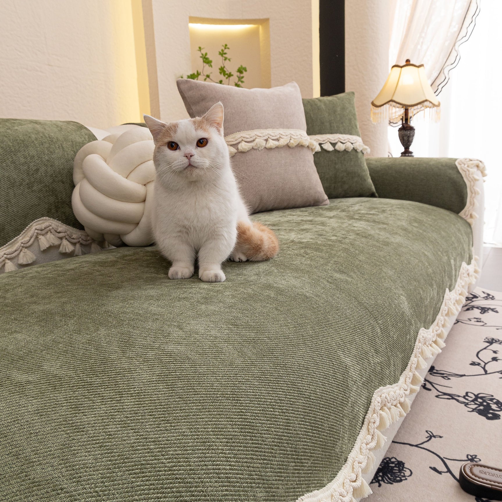 Chenille Sofa Cover Towel – Non-Slip, Washable Pets Couch Protector with Tassels - Ornate Home