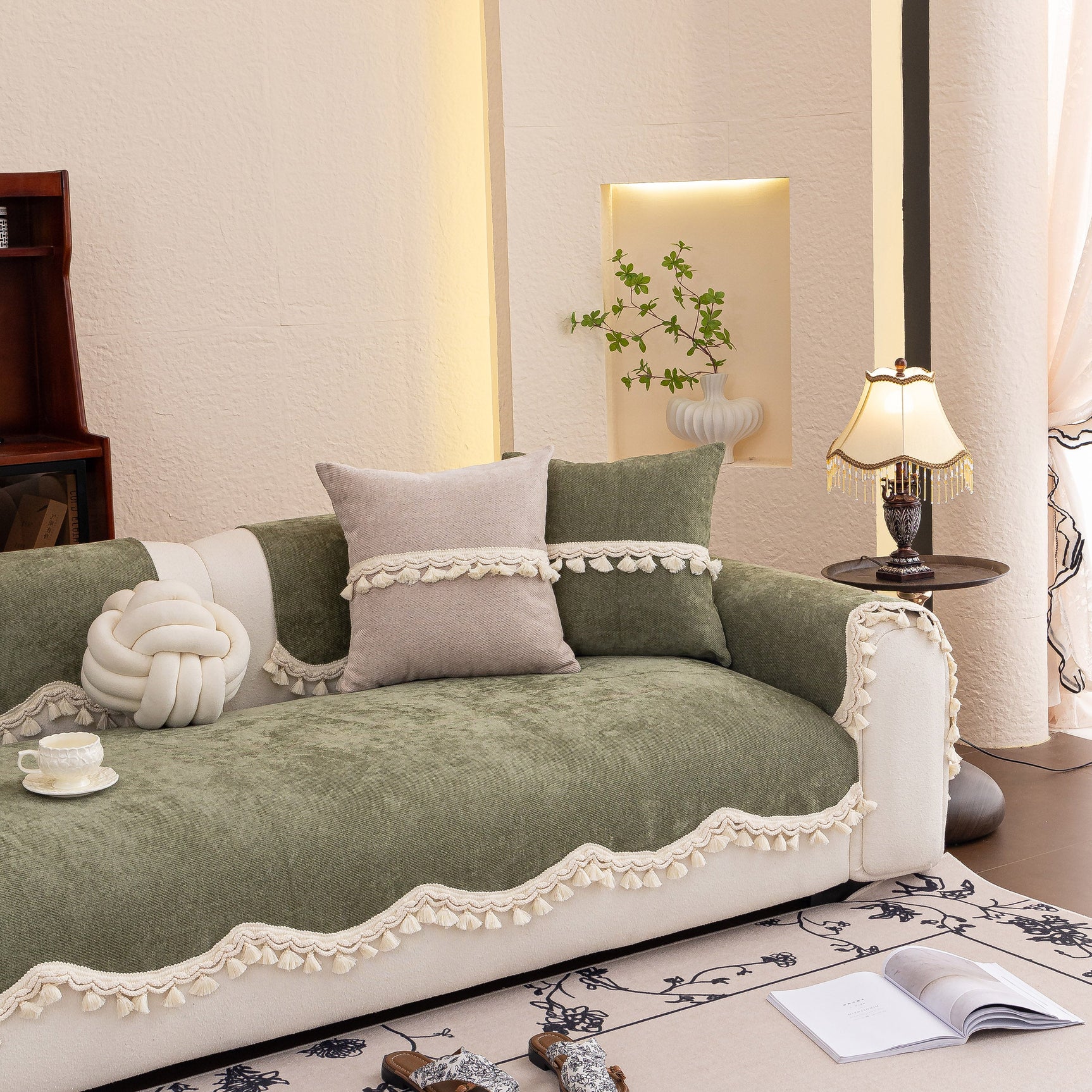 Chenille Sofa Cover Towel – Non-Slip, Washable Pets Couch Protector with Tassels - Ornate Home