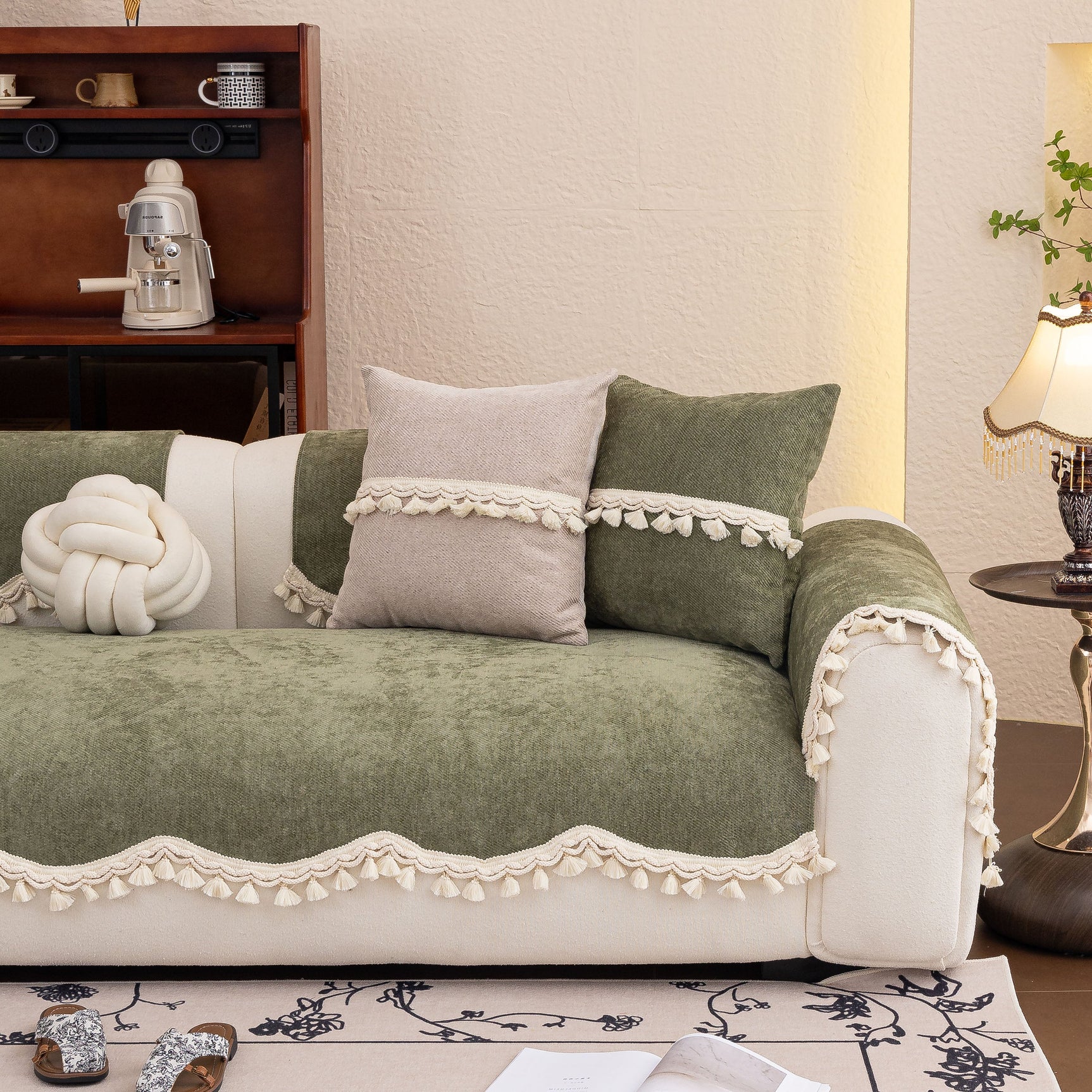 Chenille Sofa Cover Towel – Non-Slip, Washable Pets Couch Protector with Tassels - Ornate Home