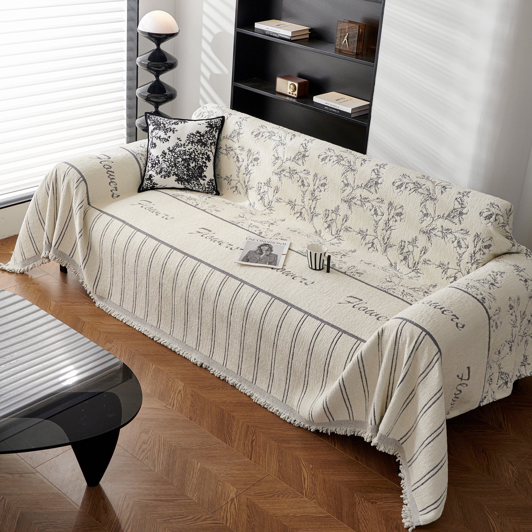 Chenille Striped Floral Couch Cover Sofa Slipcover for Most Shape Sofas, Reversible Sofa Throw Cover - Ornate Home