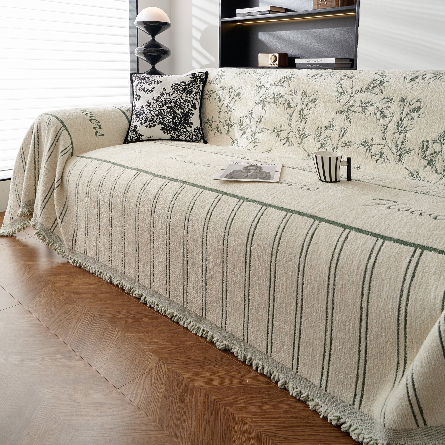 Chenille Striped Floral Couch Cover Sofa Slipcover for Most Shape Sofas, Reversible Sofa Throw Cover - Ornate Home