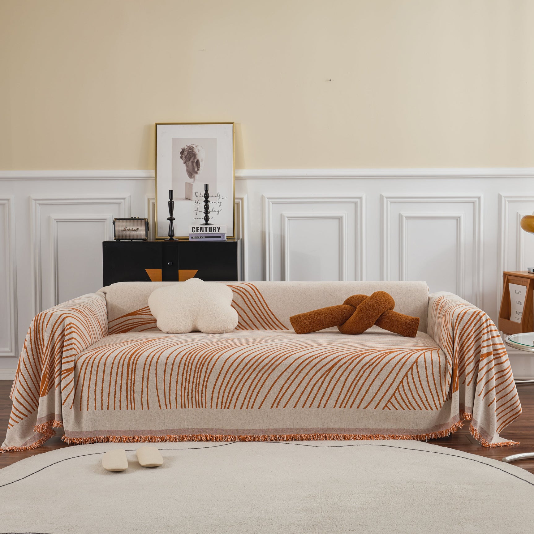 Chenille Striped Sofa Throw Blanket, Furniture Throw Covers Living Room Couch Cover - Ornate Home